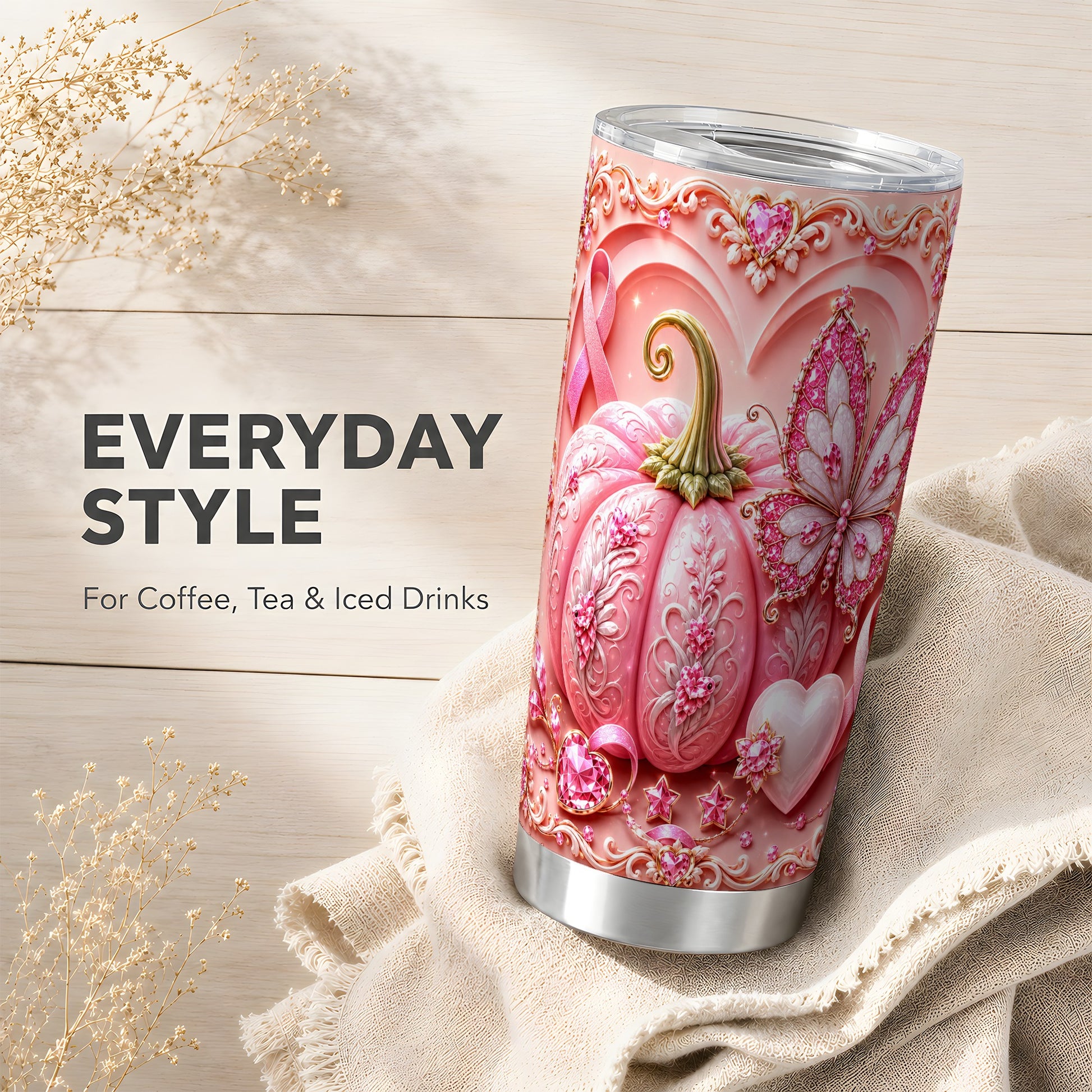 #pl[Steel] Pink Ribbon Tumbler 20oz, Awareness Tumbler, Stainless Steel Travel Cup