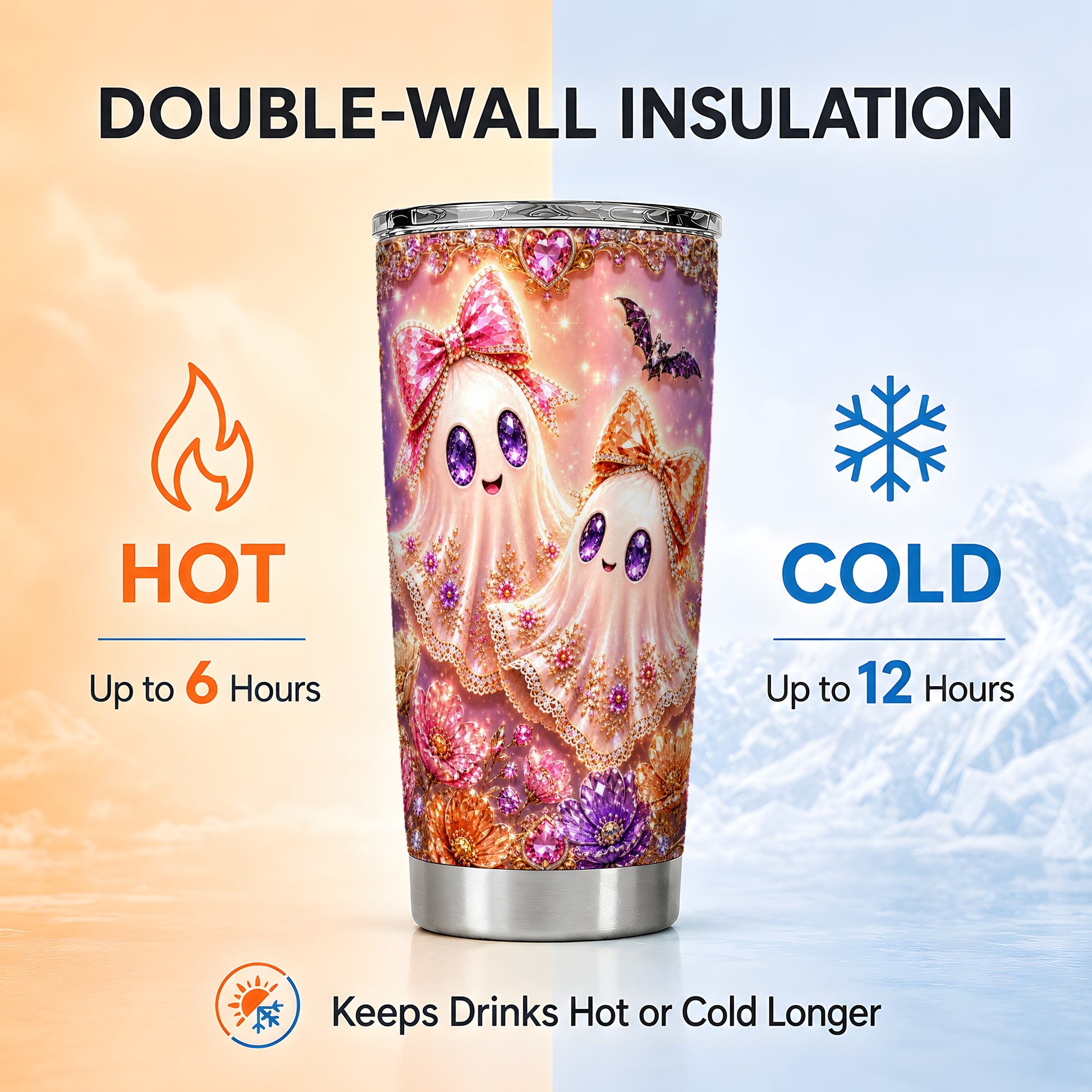 #pl[Steel] Floral Ghost Tumbler 20oz, Halloween Tumbler, Stainless Steel Travel Cup