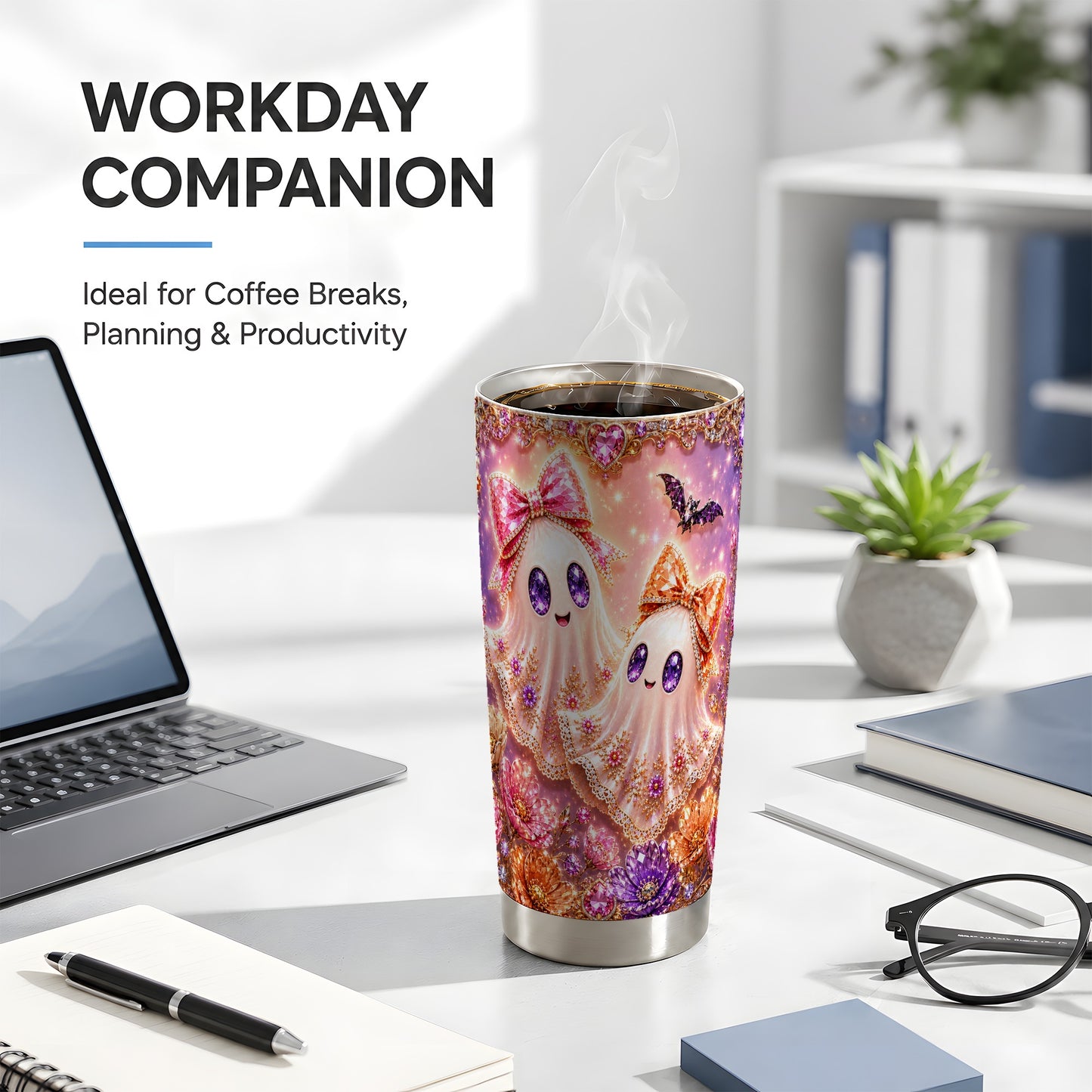 #pl[Steel] Floral Ghost Tumbler 20oz, Halloween Tumbler, Stainless Steel Travel Cup