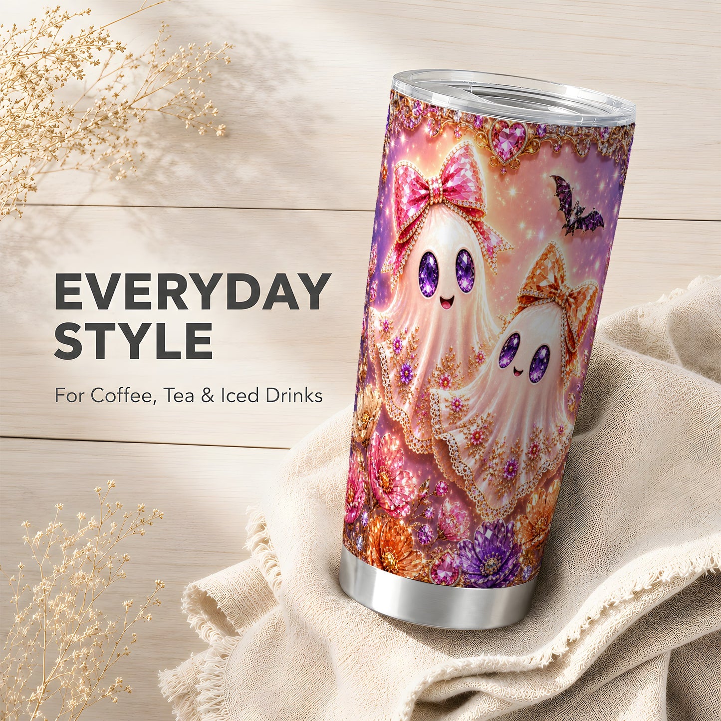 #pl[Steel] Floral Ghost Tumbler 20oz, Halloween Tumbler, Stainless Steel Travel Cup