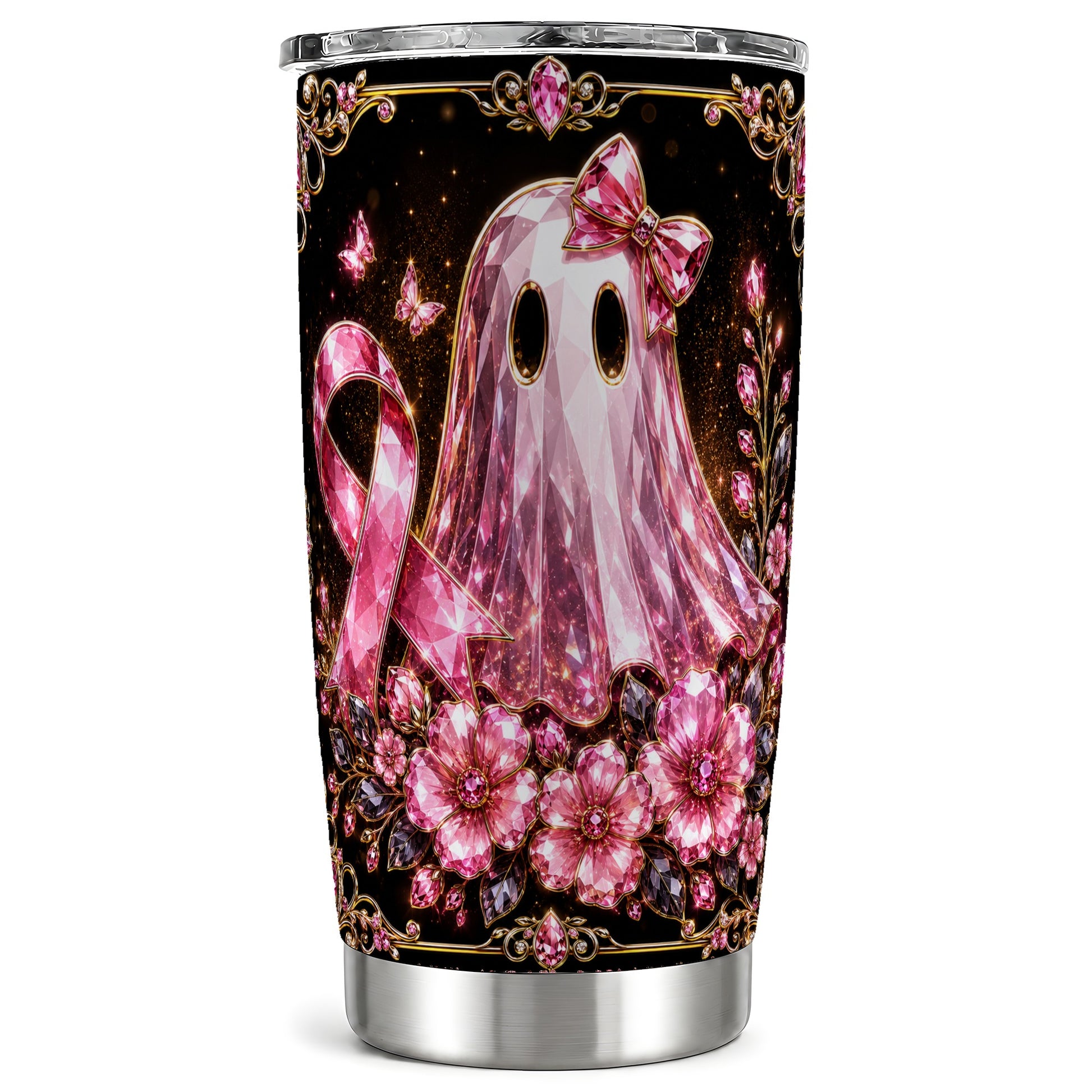 #pl[Steel] Pink Ribbon Ghost 20oz Tumbler, Floral Tumbler, Stainless Steel Travel Cup