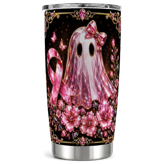 #pl[Steel] Pink Ribbon Ghost 20oz Tumbler, Floral Tumbler, Stainless Steel Travel Cup