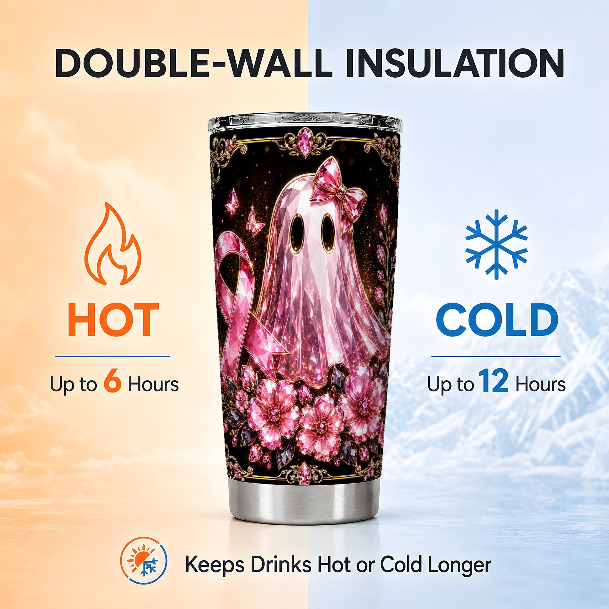 #pl[Steel] Pink Ribbon Ghost 20oz Tumbler, Floral Tumbler, Stainless Steel Travel Cup