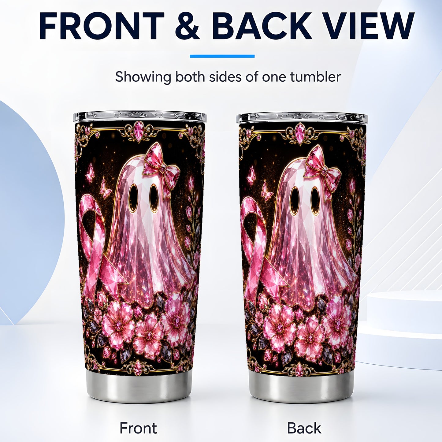 #pl[Steel] Pink Ribbon Ghost 20oz Tumbler, Floral Tumbler, Stainless Steel Travel Cup