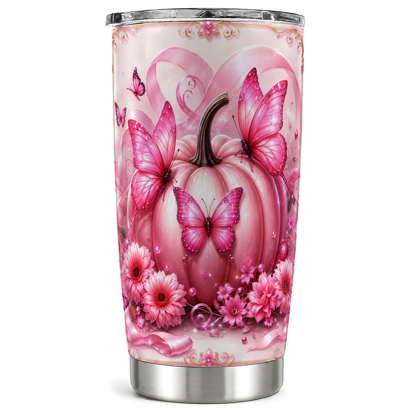 #pl[Steel] Pink Pumpkin 20oz Tumbler, Butterfly Tumbler, Stainless Steel Travel Cup