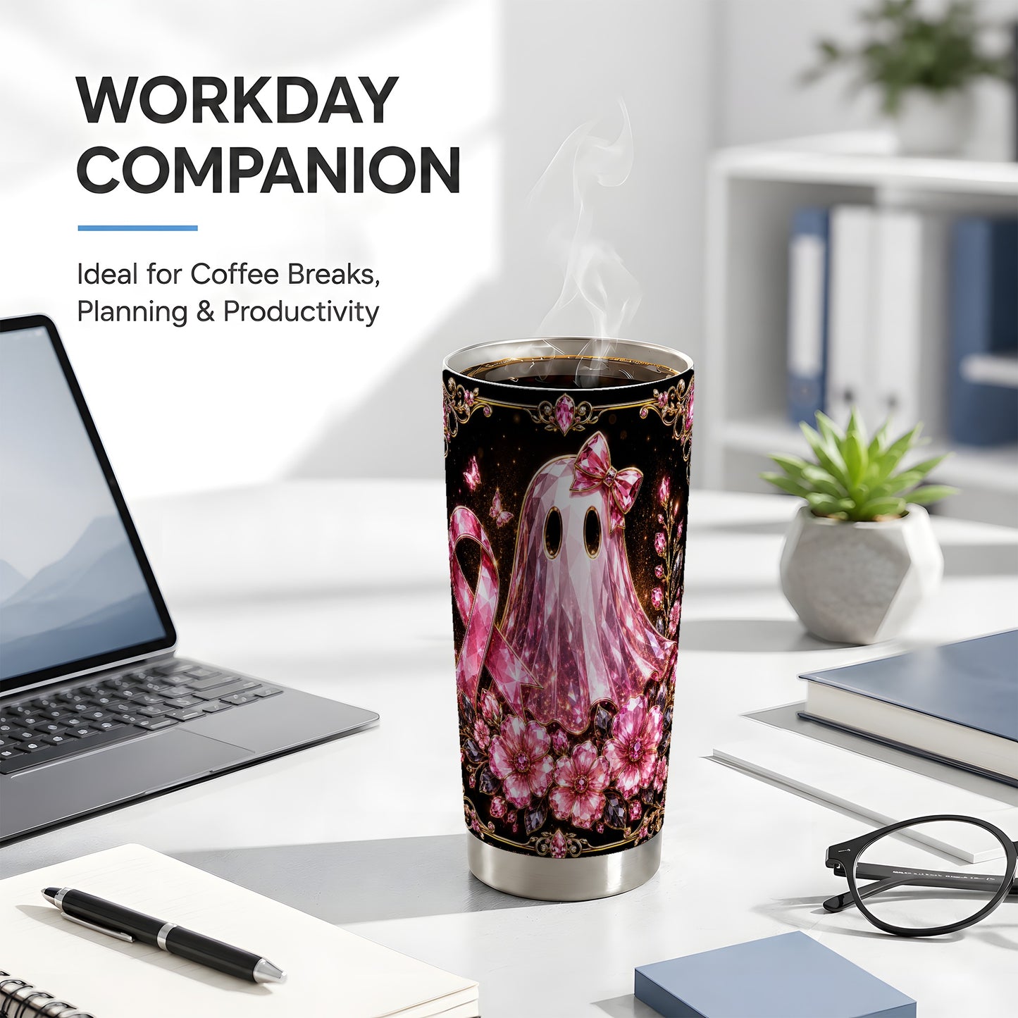 #pl[Steel] Pink Ribbon Ghost 20oz Tumbler, Floral Tumbler, Stainless Steel Travel Cup