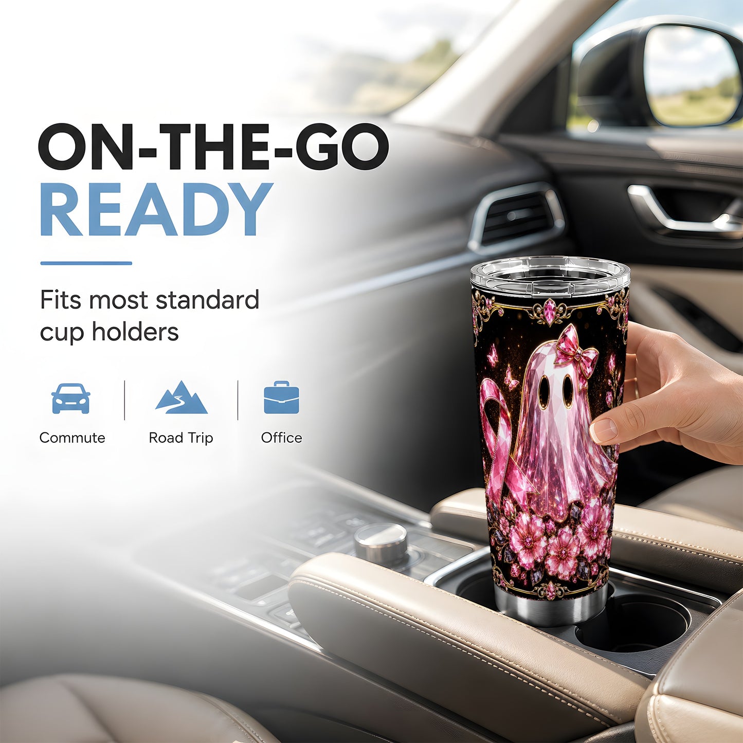 #pl[Steel] Pink Ribbon Ghost 20oz Tumbler, Floral Tumbler, Stainless Steel Travel Cup