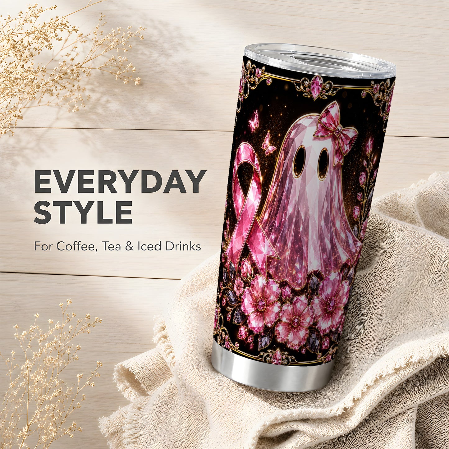 #pl[Steel] Pink Ribbon Ghost 20oz Tumbler, Floral Tumbler, Stainless Steel Travel Cup