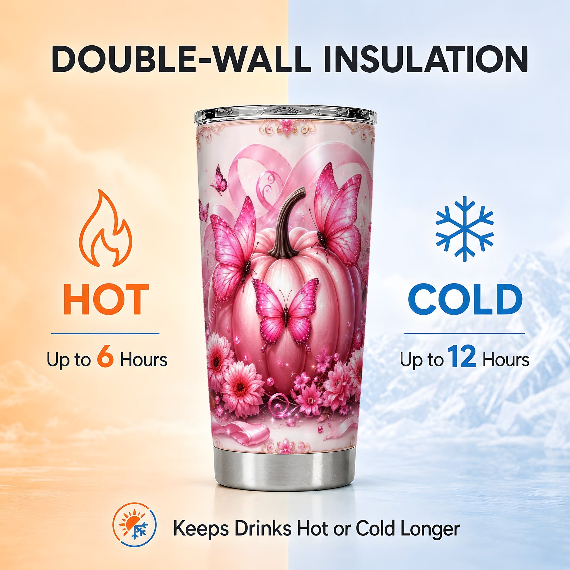#pl[Steel] Pink Pumpkin 20oz Tumbler, Butterfly Tumbler, Stainless Steel Travel Cup