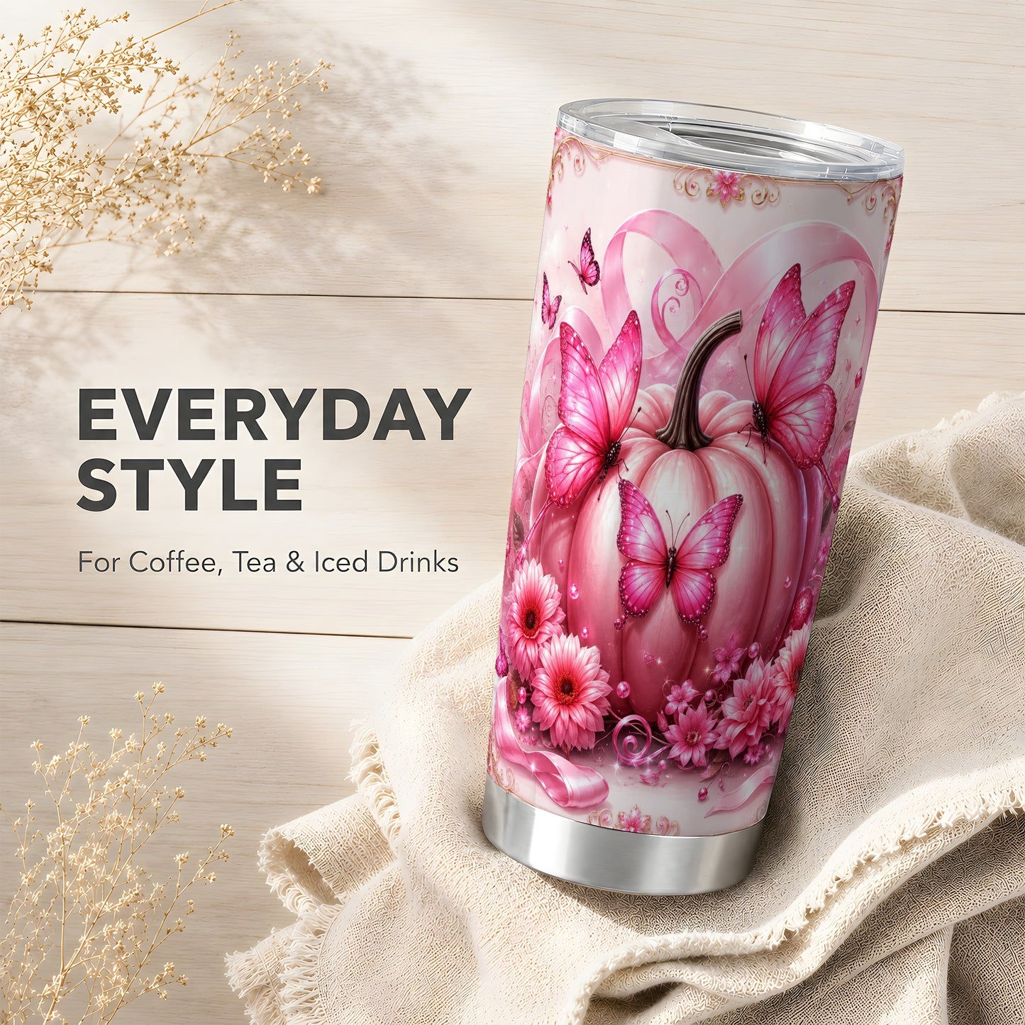 #pl[Steel] Pink Pumpkin 20oz Tumbler, Butterfly Tumbler, Stainless Steel Travel Cup