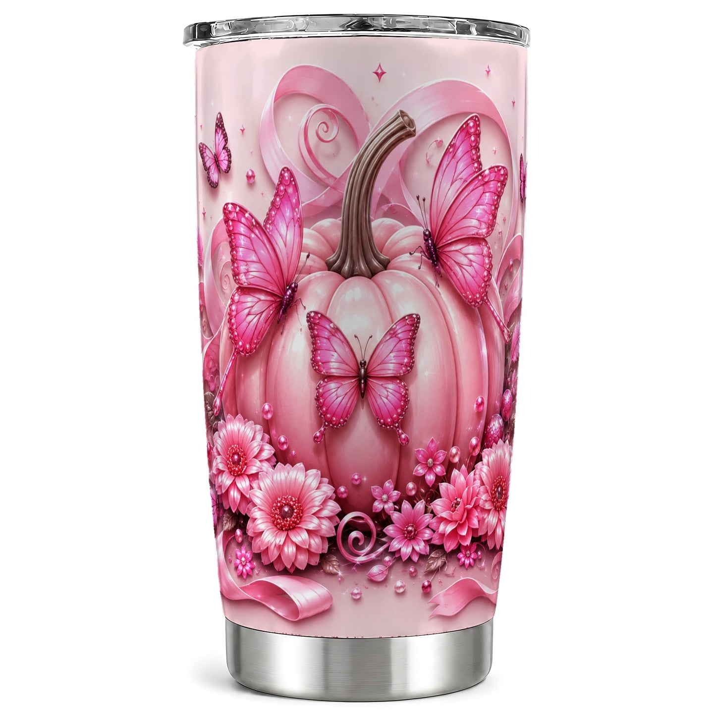 #pl[Steel] Pink Pumpkin 20oz Tumbler, Butterfly Tumbler, Stainless Steel Travel Cup