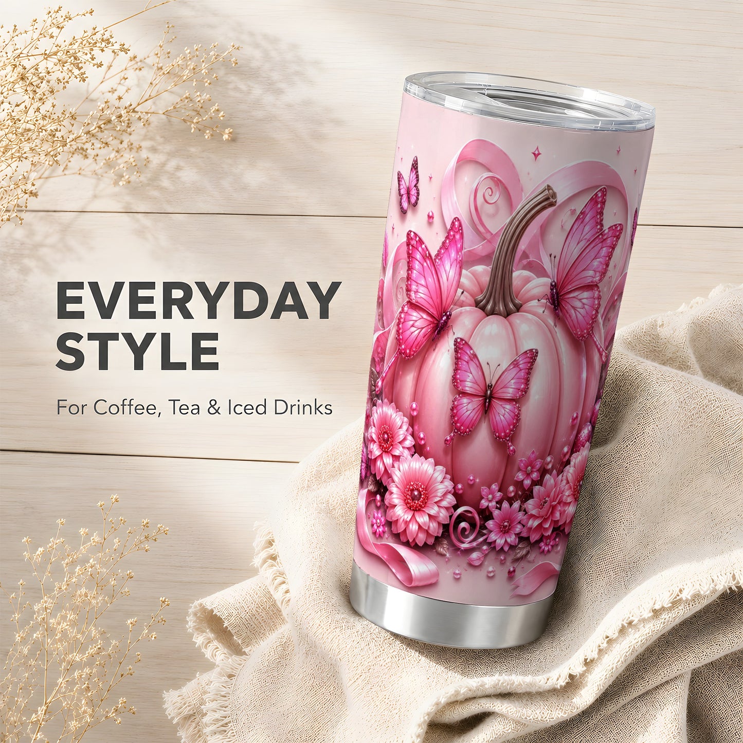 #pl[Steel] Pink Pumpkin 20oz Tumbler, Butterfly Tumbler, Stainless Steel Travel Cup