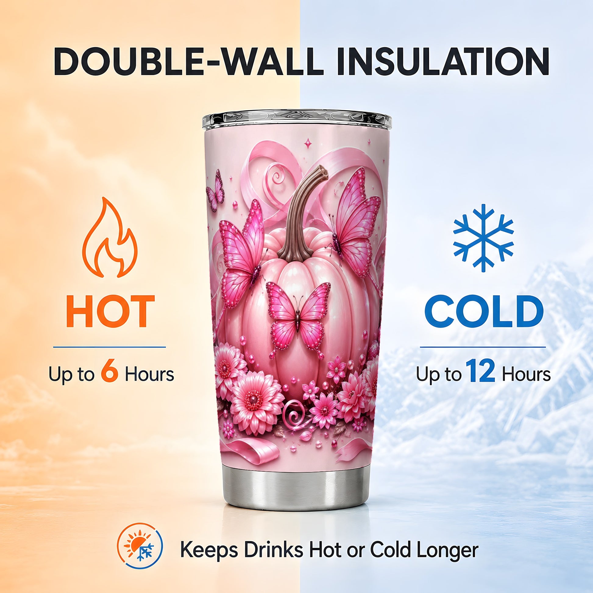 #pl[Steel] Pink Pumpkin 20oz Tumbler, Butterfly Tumbler, Stainless Steel Travel Cup