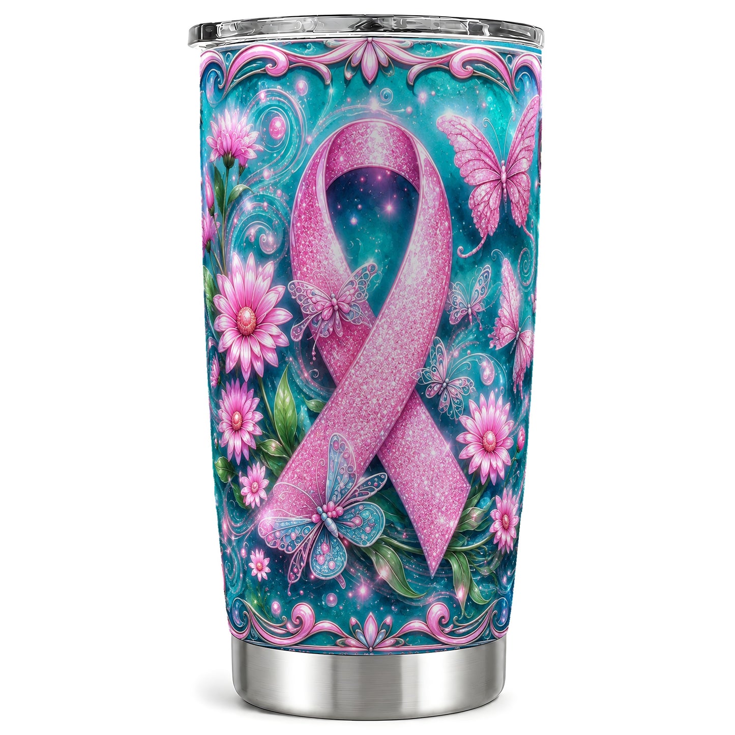 #pl[Steel] Pink Ribbon 20oz Tumbler, Butterfly Tumbler, Stainless Steel Travel Cup