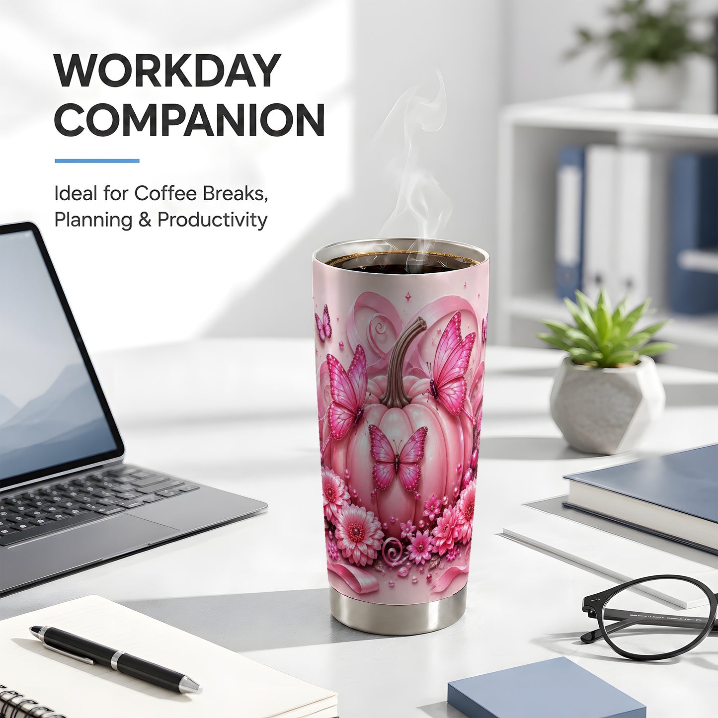 #pl[Steel] Pink Pumpkin 20oz Tumbler, Butterfly Tumbler, Stainless Steel Travel Cup