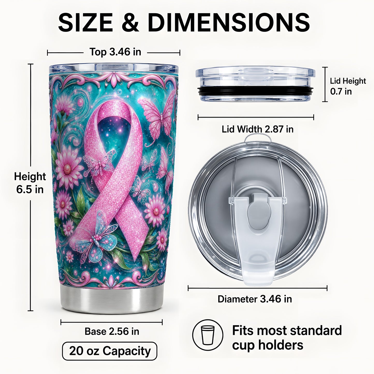 #pl[Steel] Pink Ribbon 20oz Tumbler, Butterfly Tumbler, Stainless Steel Travel Cup