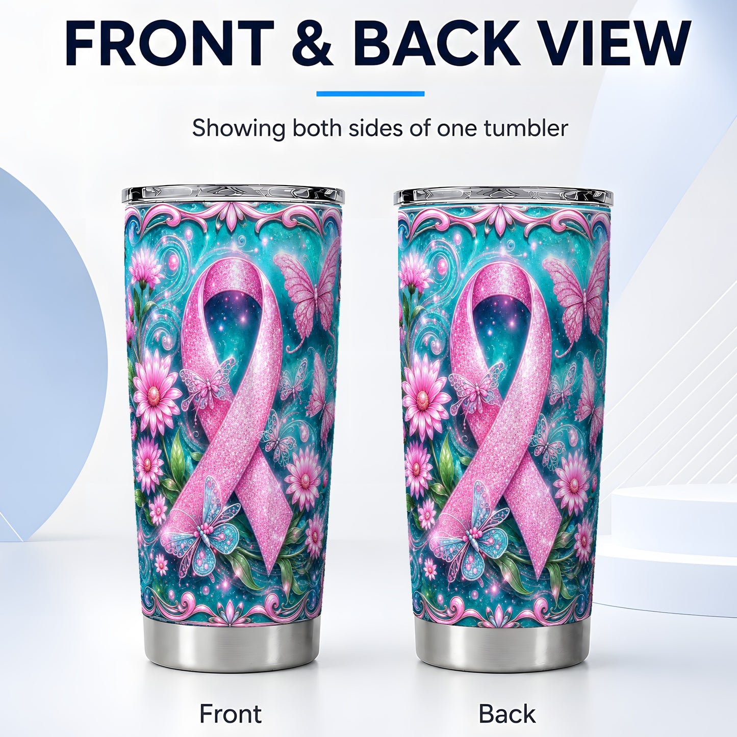 #pl[Steel] Pink Ribbon 20oz Tumbler, Butterfly Tumbler, Stainless Steel Travel Cup