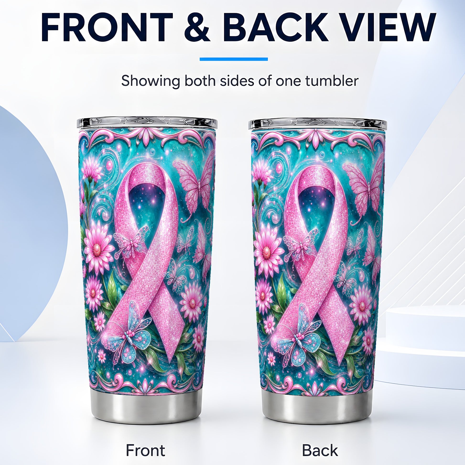 #pl[Steel] Pink Ribbon 20oz Tumbler, Butterfly Tumbler, Stainless Steel Travel Cup