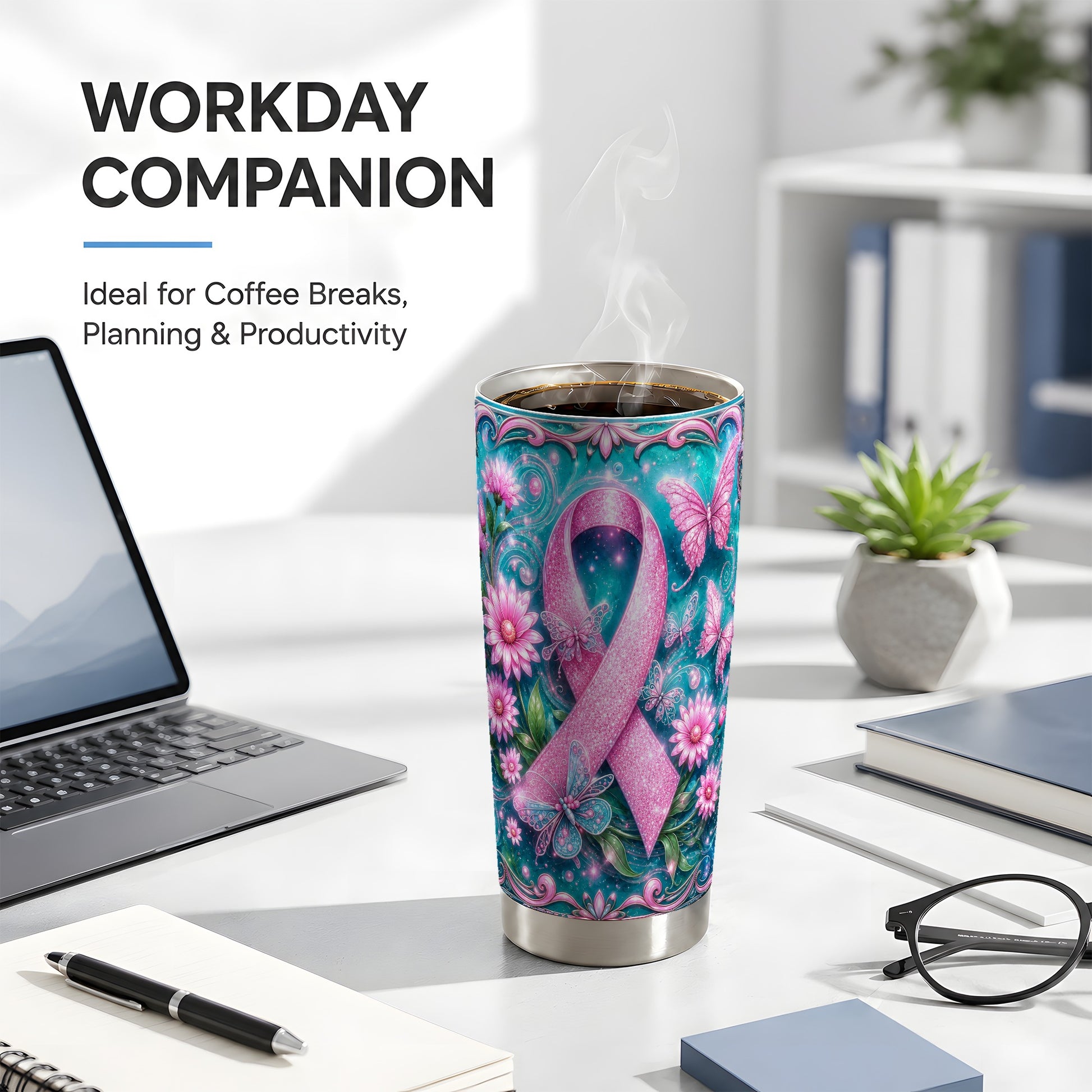 #pl[Steel] Pink Ribbon 20oz Tumbler, Butterfly Tumbler, Stainless Steel Travel Cup