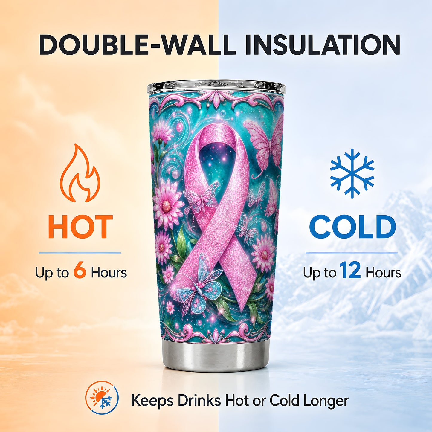 #pl[Steel] Pink Ribbon 20oz Tumbler, Butterfly Tumbler, Stainless Steel Travel Cup