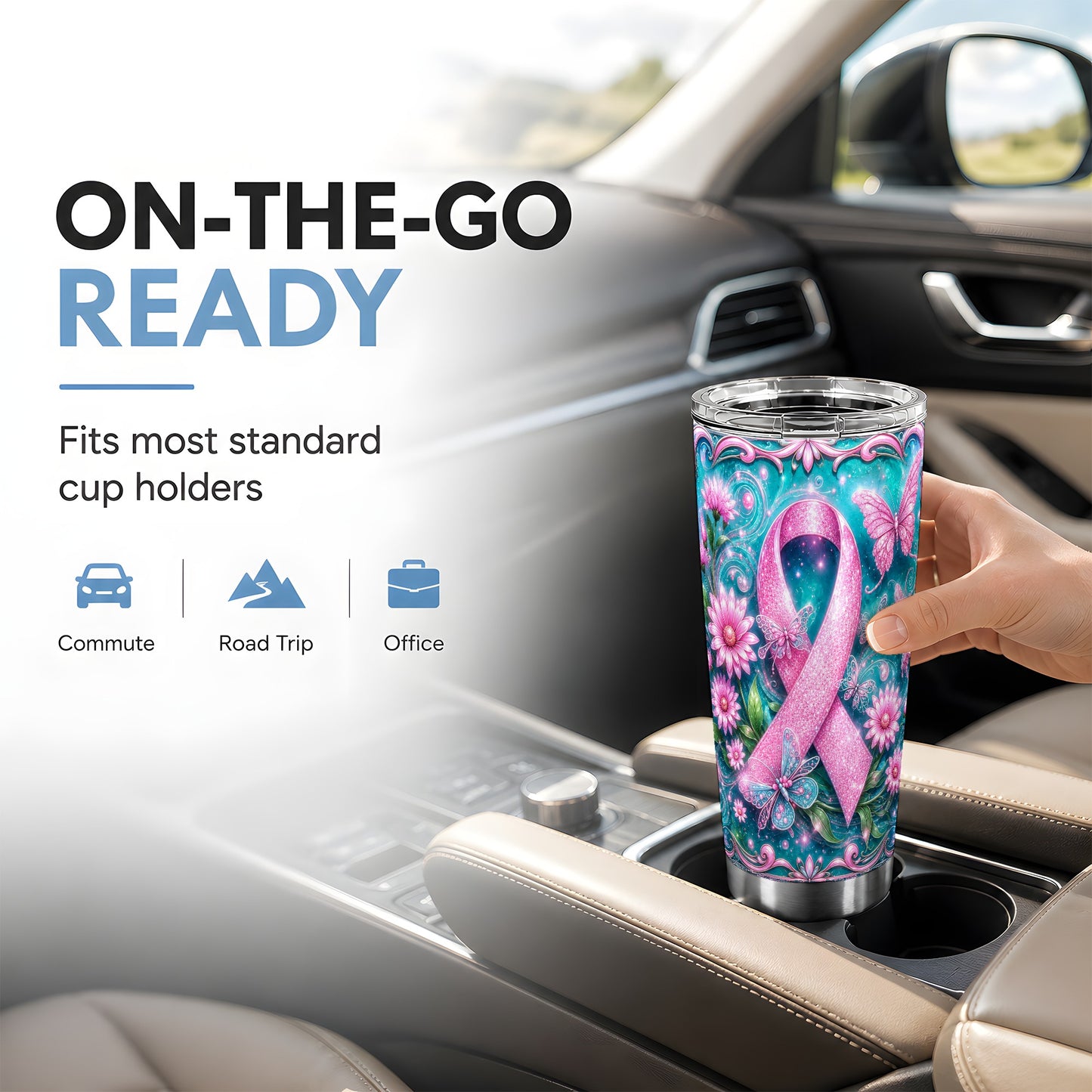#pl[Steel] Pink Ribbon 20oz Tumbler, Butterfly Tumbler, Stainless Steel Travel Cup