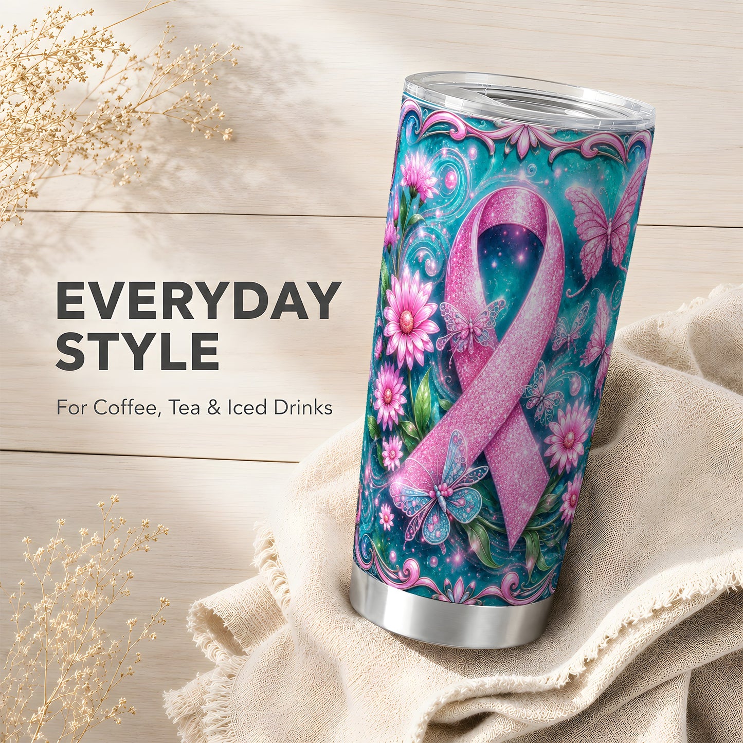 #pl[Steel] Pink Ribbon 20oz Tumbler, Butterfly Tumbler, Stainless Steel Travel Cup