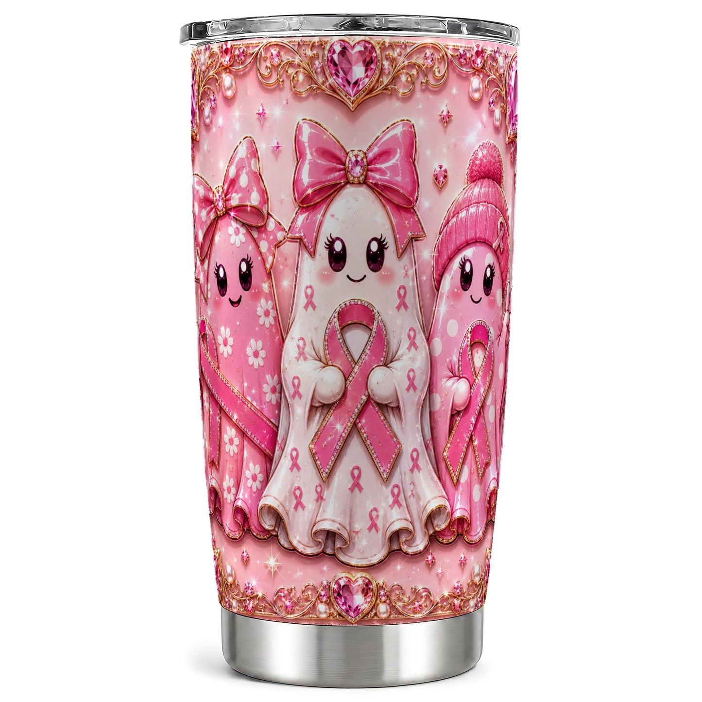 #pl[Steel] Pink Ghost Trio 20oz Tumbler, Ribbon Tumbler, Stainless Steel Travel Cup