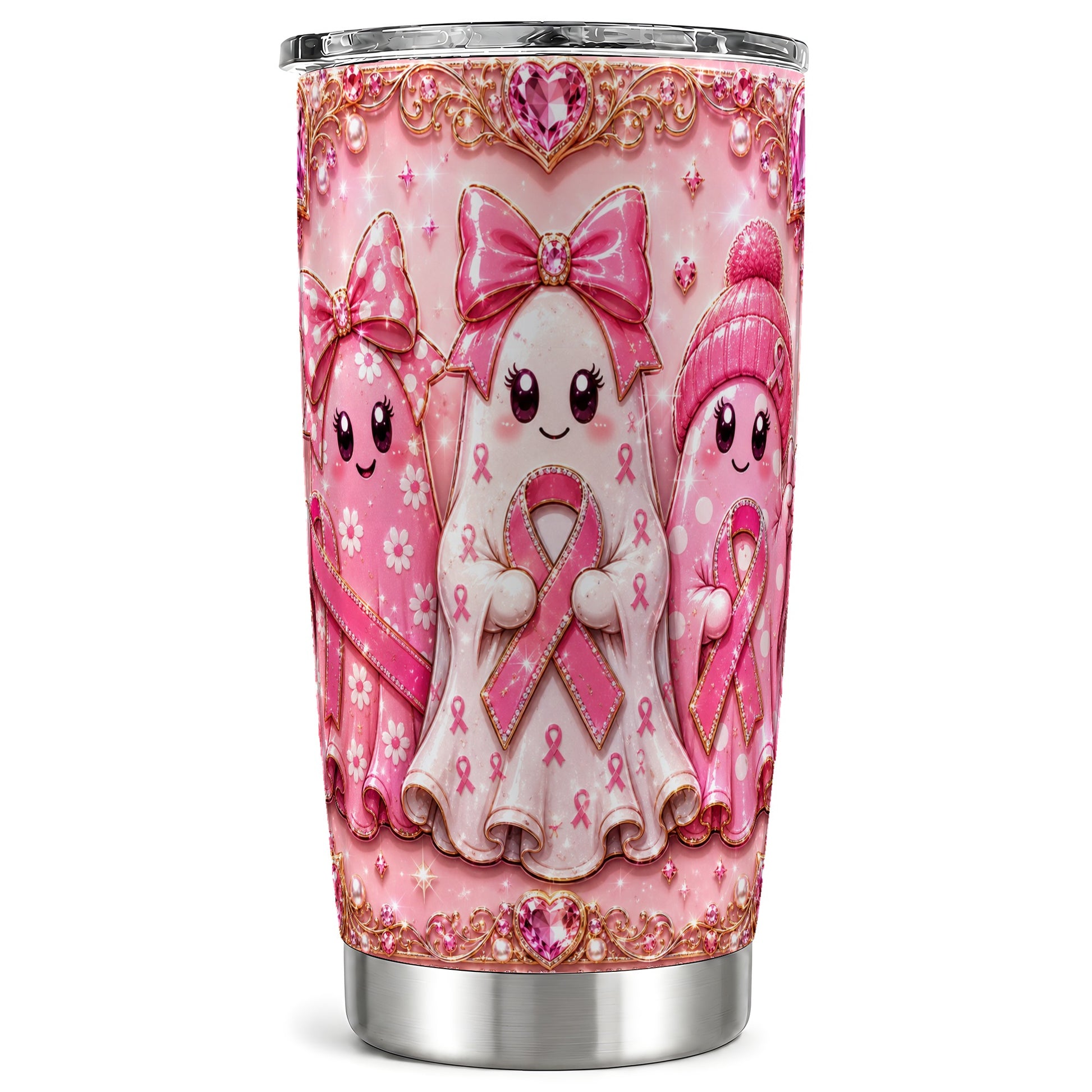 #pl[Steel] Pink Ghost Trio 20oz Tumbler, Ribbon Tumbler, Stainless Steel Travel Cup