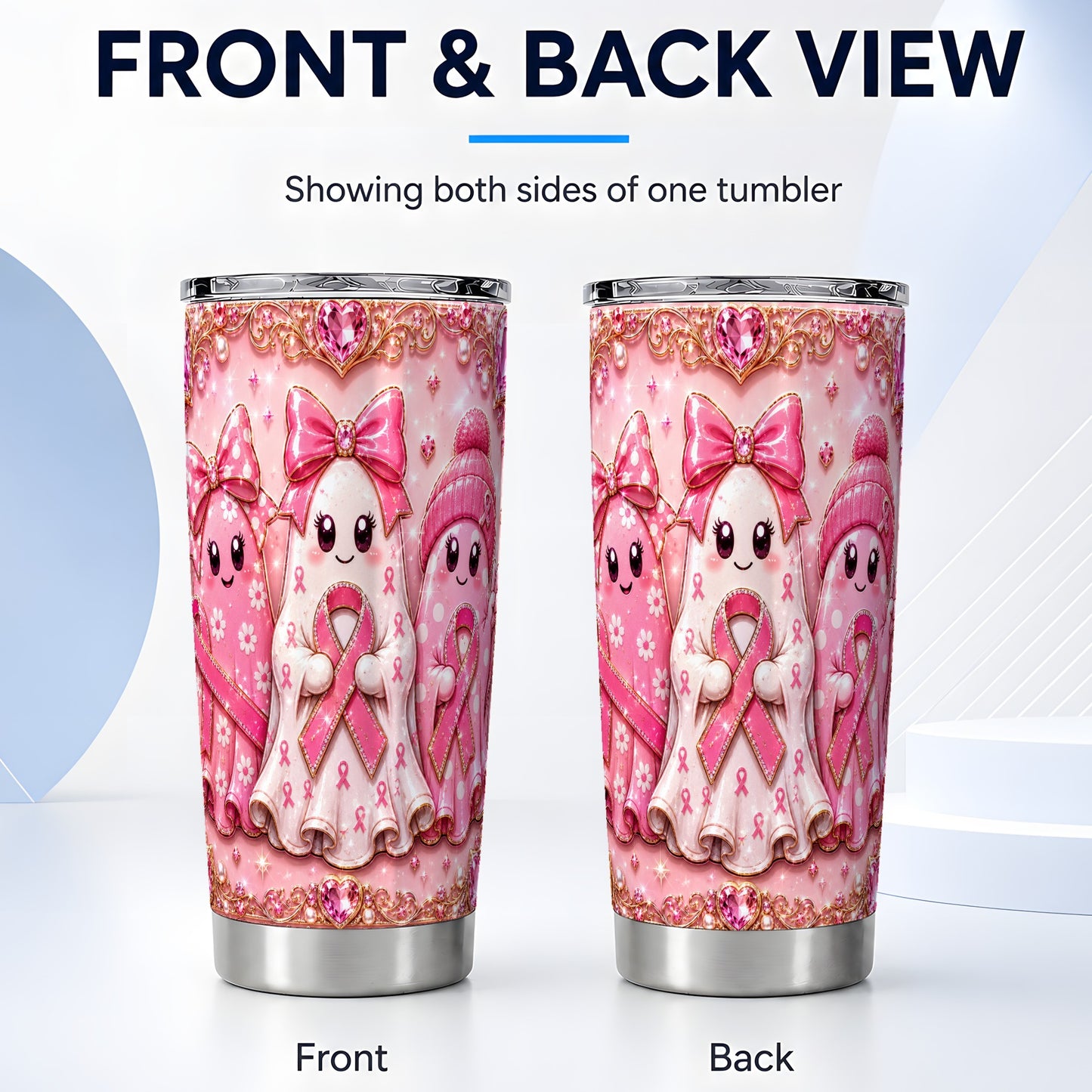 #pl[Steel] Pink Ghost Trio 20oz Tumbler, Ribbon Tumbler, Stainless Steel Travel Cup