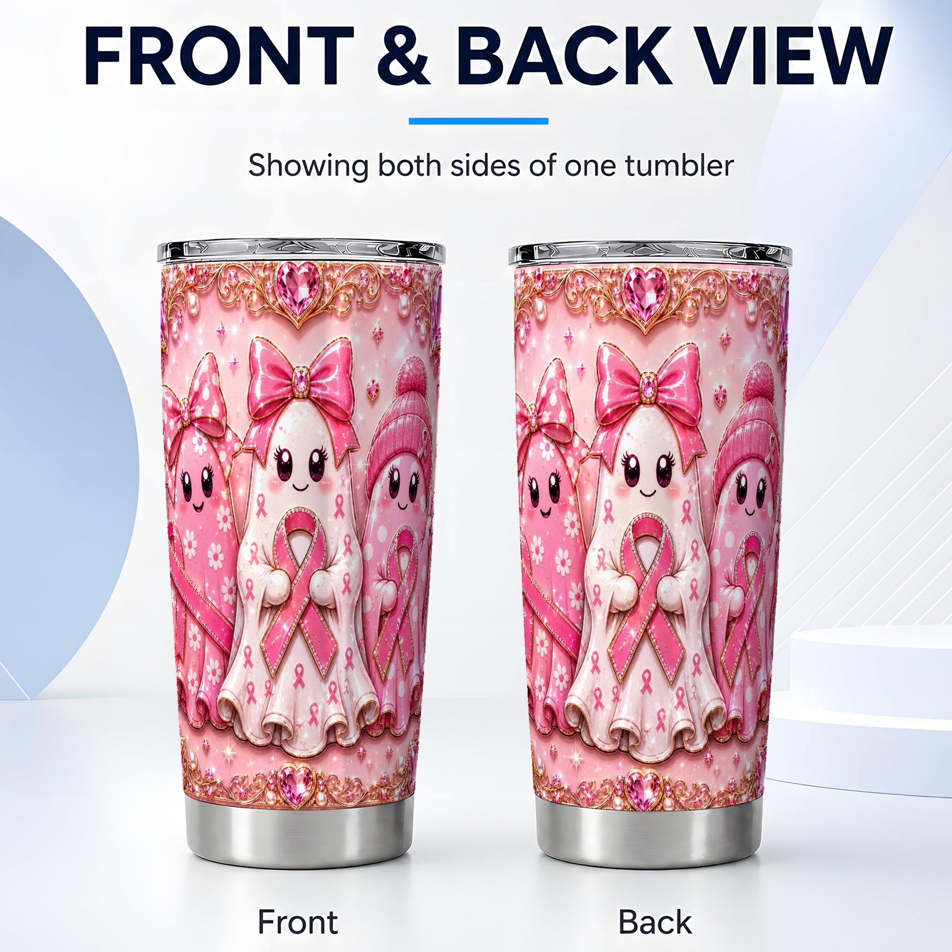#pl[Steel] Pink Ghost Trio 20oz Tumbler, Ribbon Tumbler, Stainless Steel Travel Cup