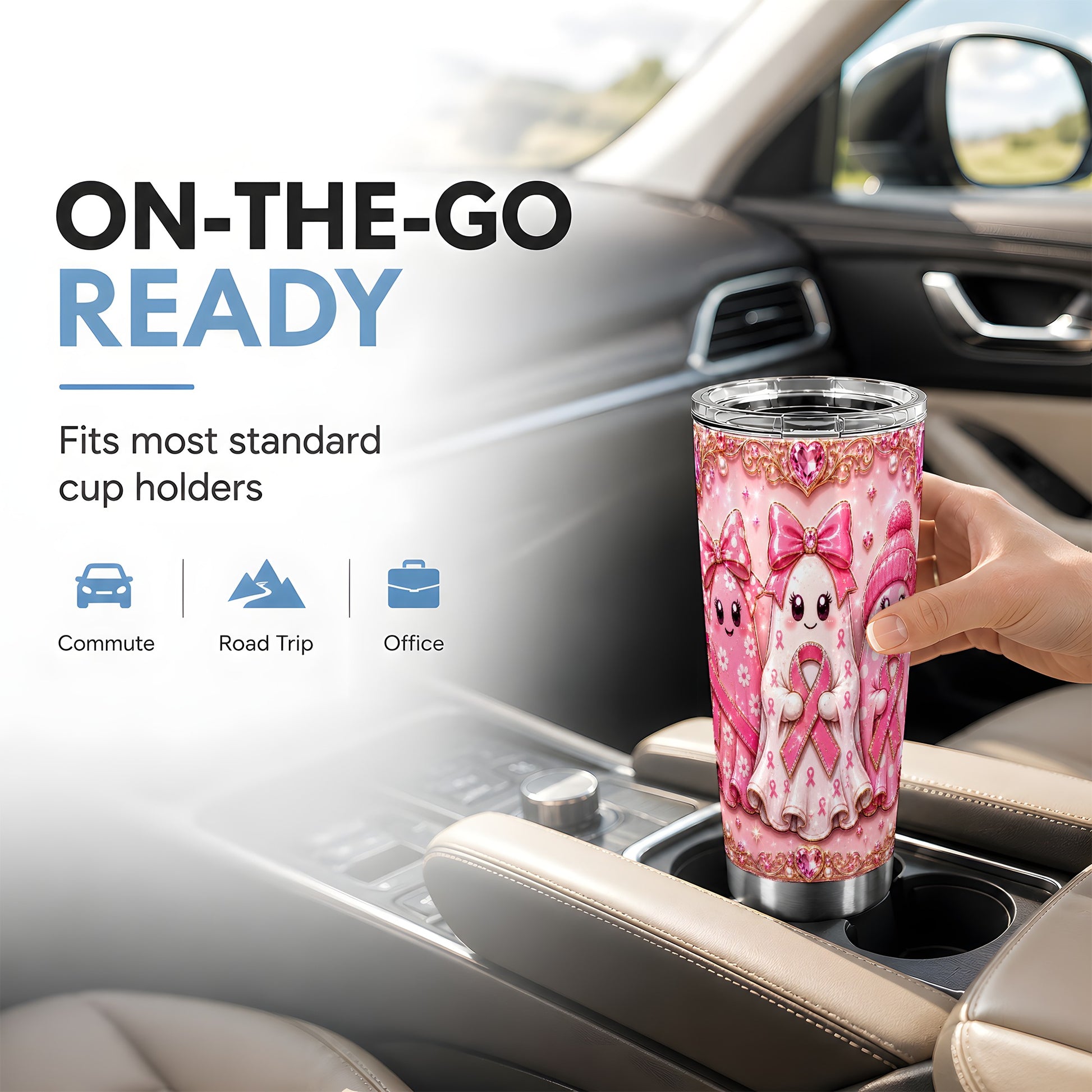 #pl[Steel] Pink Ghost Trio 20oz Tumbler, Ribbon Tumbler, Stainless Steel Travel Cup