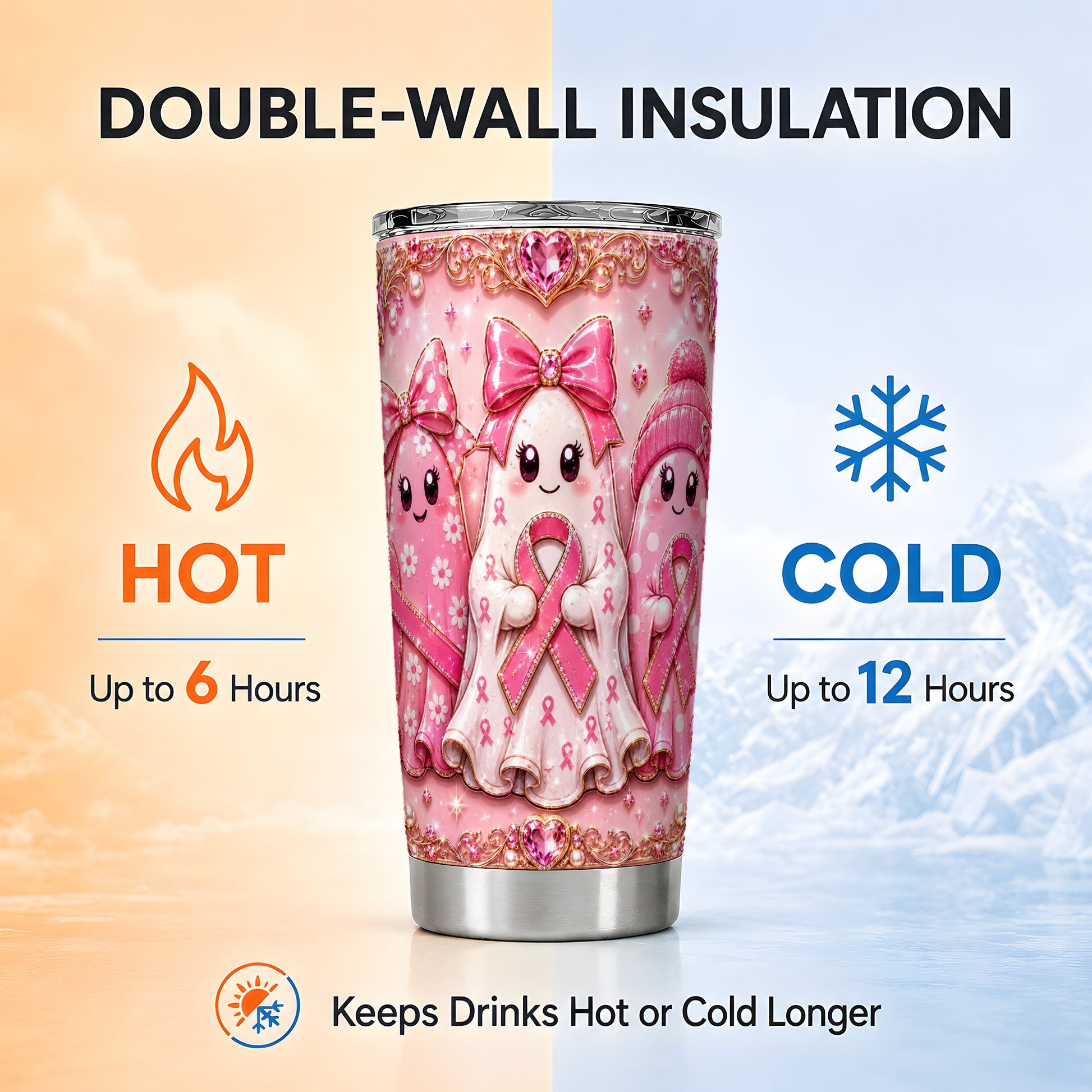 #pl[Steel] Pink Ghost Trio 20oz Tumbler, Ribbon Tumbler, Stainless Steel Travel Cup