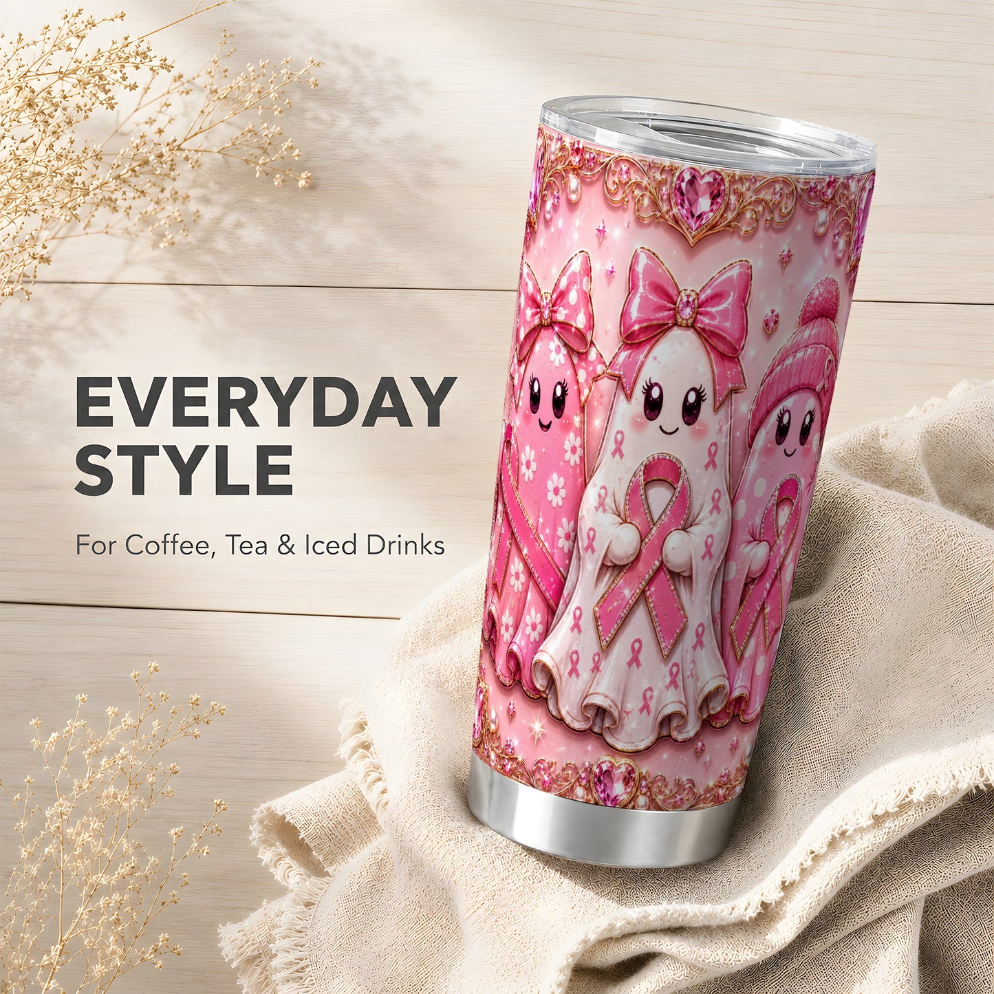 #pl[Steel] Pink Ghost Trio 20oz Tumbler, Ribbon Tumbler, Stainless Steel Travel Cup