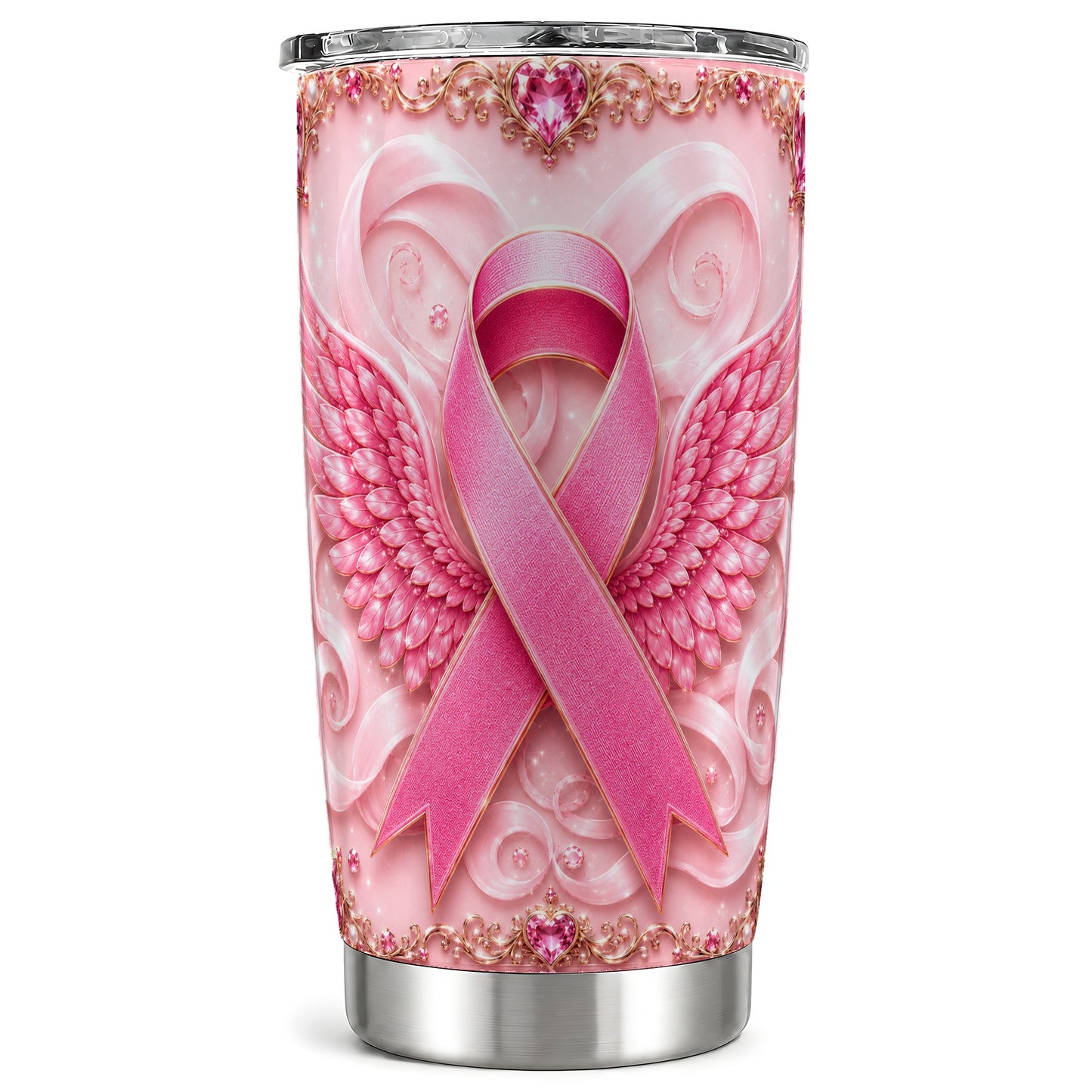 #pl[Steel] Pink Ribbon Tumbler 20oz, Angel Wing Tumbler, Stainless Steel Travel Cup
