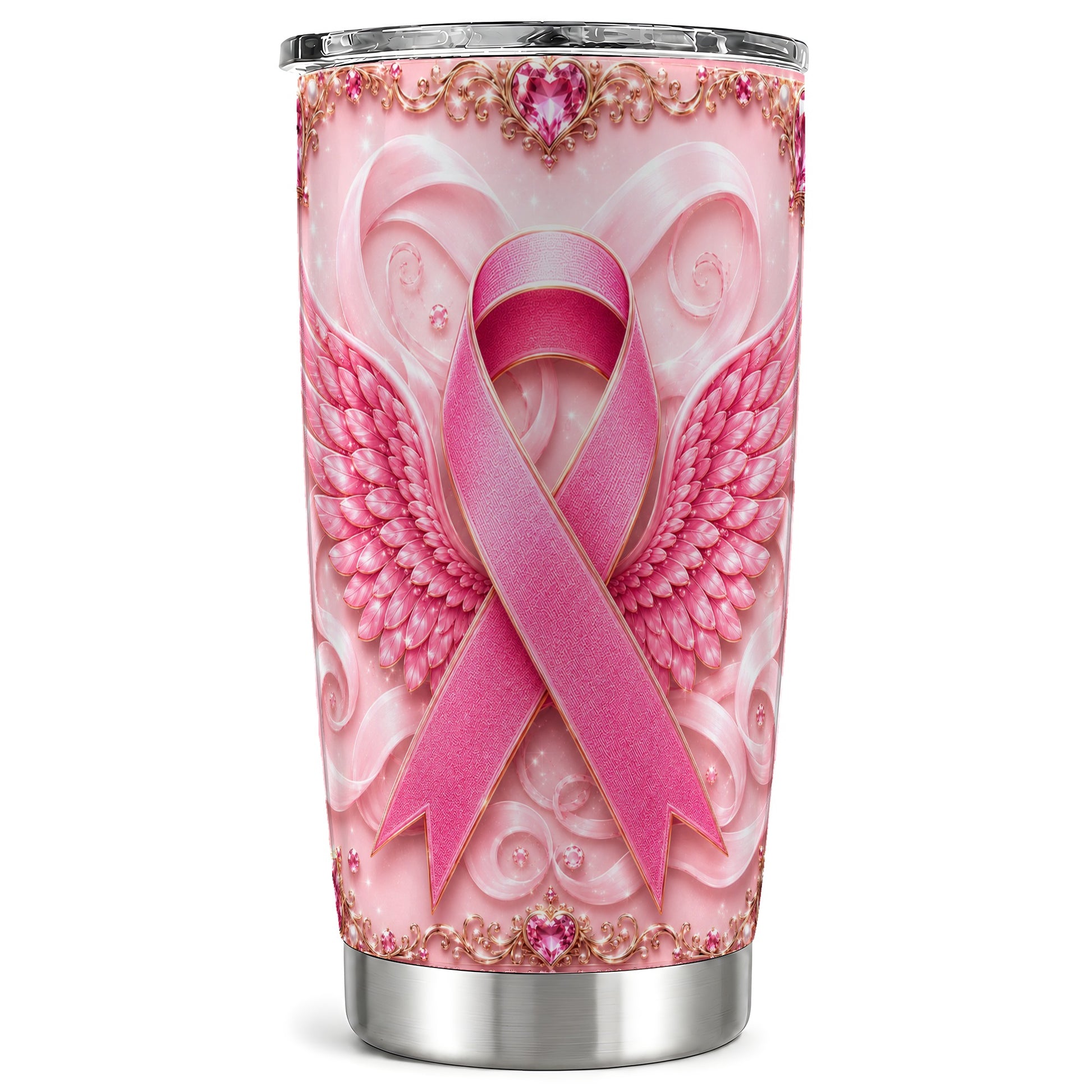 #pl[Steel] Pink Ribbon Tumbler 20oz, Angel Wing Tumbler, Stainless Steel Travel Cup