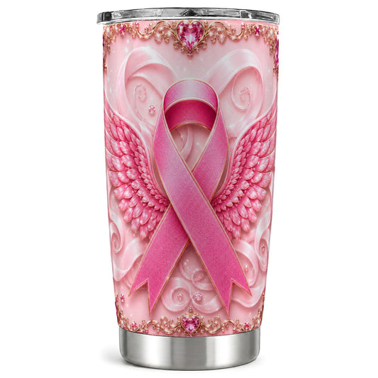 #pl[Steel] Pink Ribbon Tumbler 20oz, Angel Wing Tumbler, Stainless Steel Travel Cup