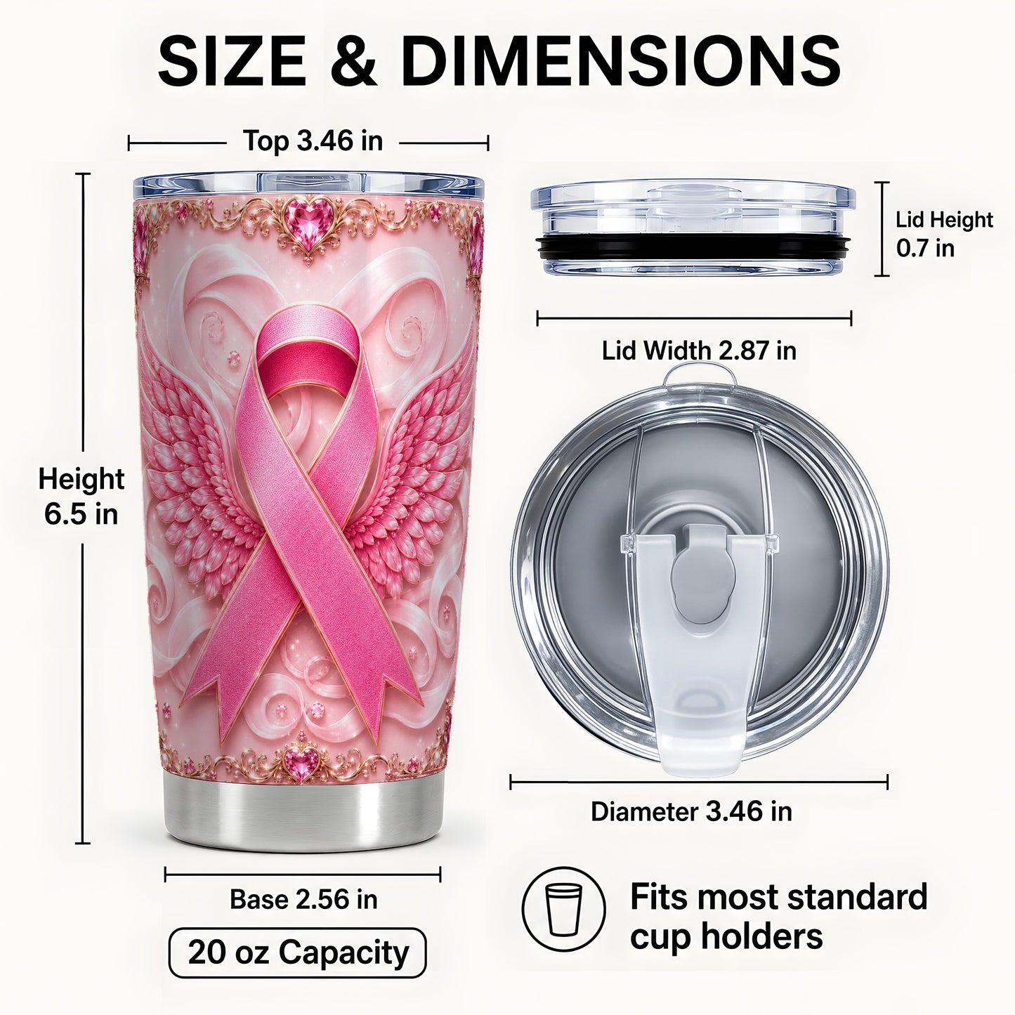 #pl[Steel] Pink Ribbon Tumbler 20oz, Angel Wing Tumbler, Stainless Steel Travel Cup