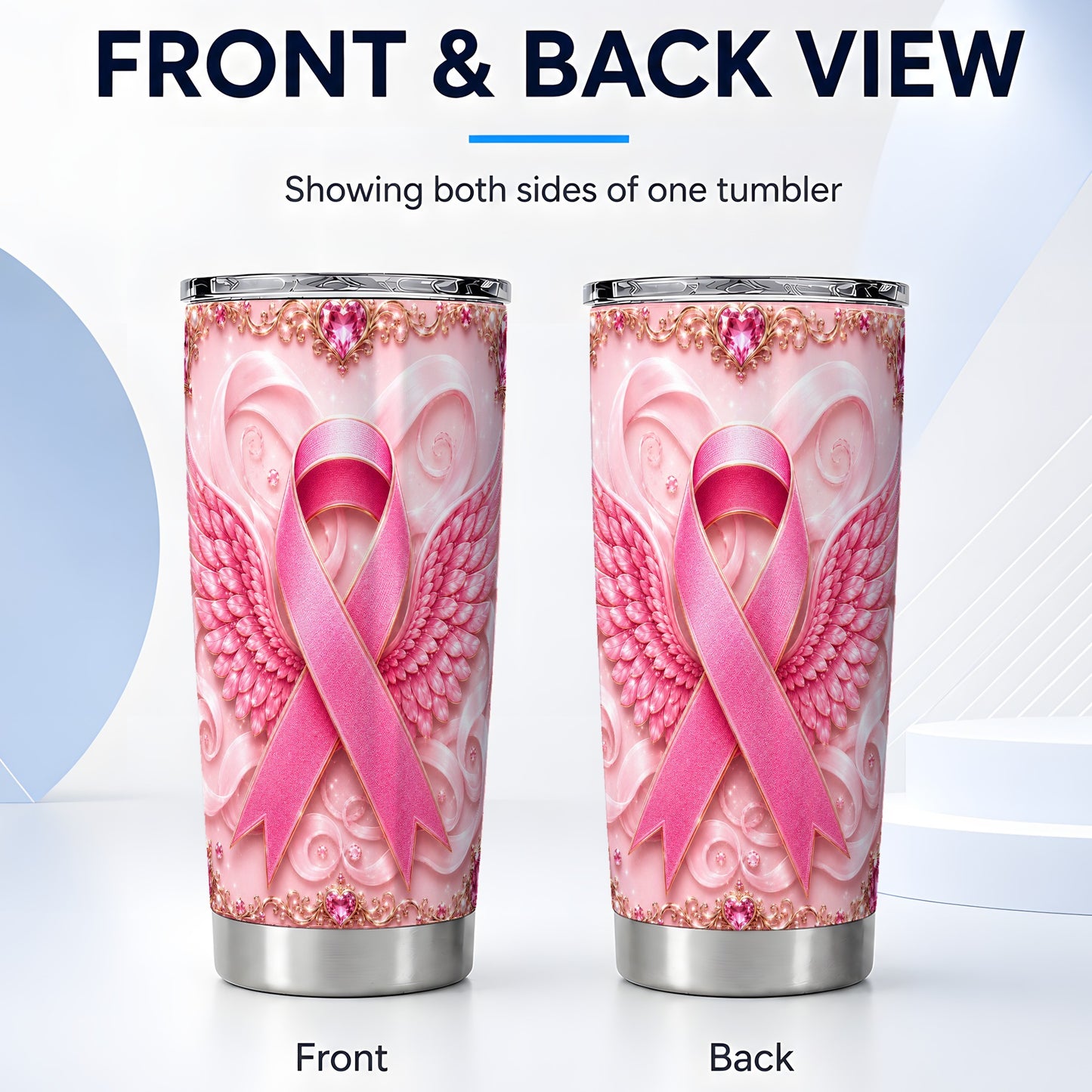 #pl[Steel] Pink Ribbon Tumbler 20oz, Angel Wing Tumbler, Stainless Steel Travel Cup