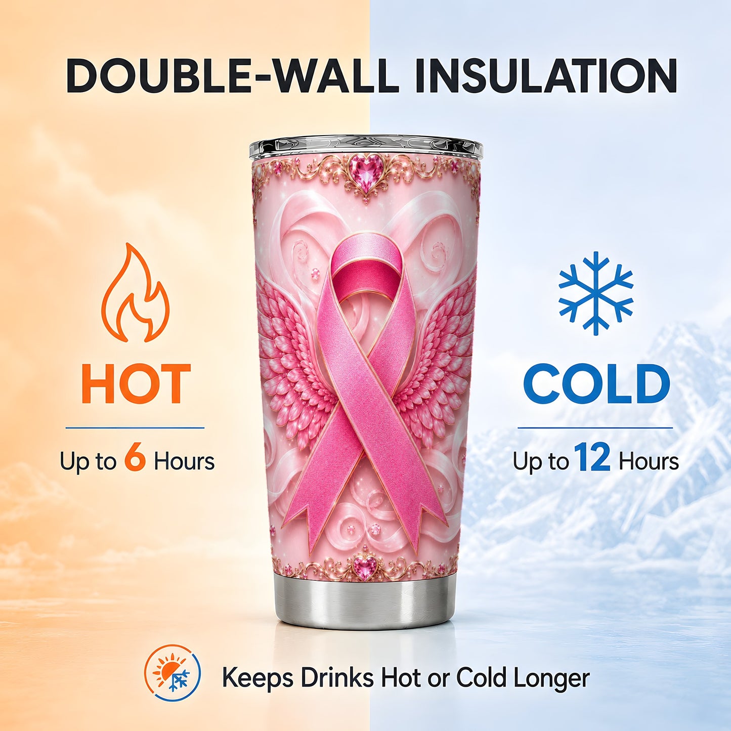 #pl[Steel] Pink Ribbon Tumbler 20oz, Angel Wing Tumbler, Stainless Steel Travel Cup