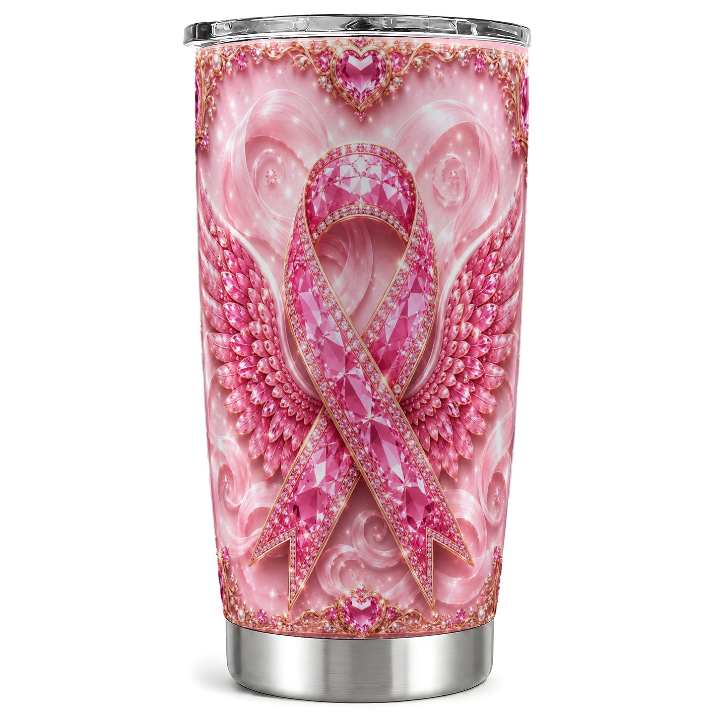 #pl[Steel] Pink Ribbon Tumbler 20oz, Gemstone Tumbler, Stainless Steel Travel Cup