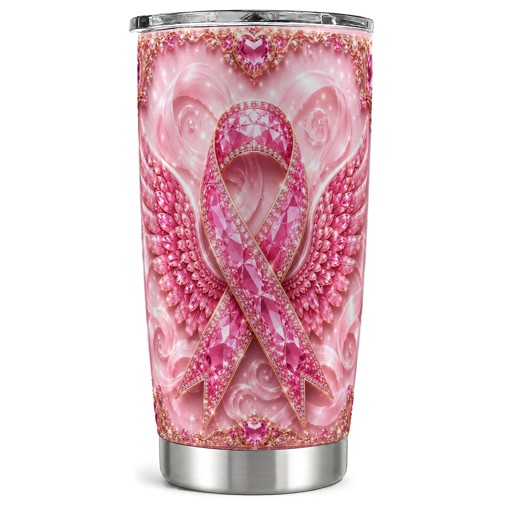 #pl[Steel] Pink Ribbon Tumbler 20oz, Gemstone Tumbler, Stainless Steel Travel Cup
