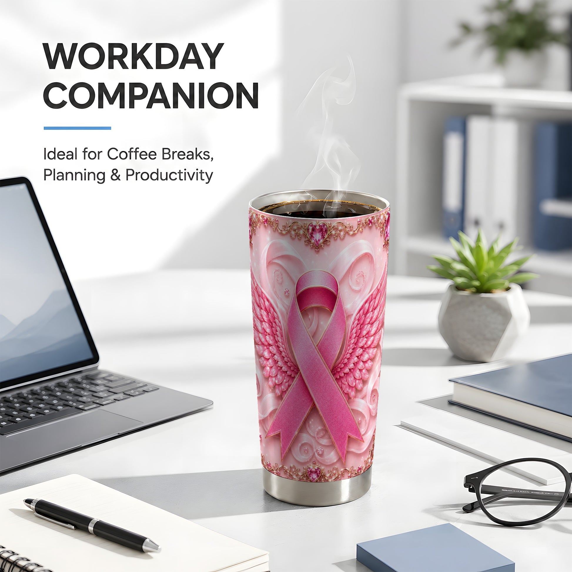 #pl[Steel] Pink Ribbon Tumbler 20oz, Angel Wing Tumbler, Stainless Steel Travel Cup