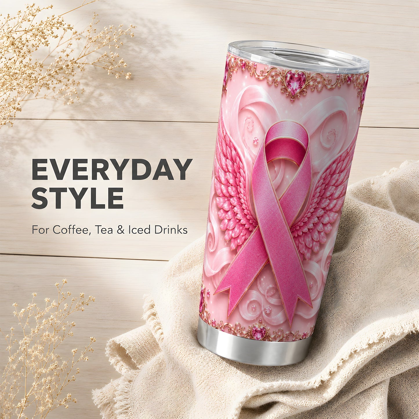 #pl[Steel] Pink Ribbon Tumbler 20oz, Angel Wing Tumbler, Stainless Steel Travel Cup