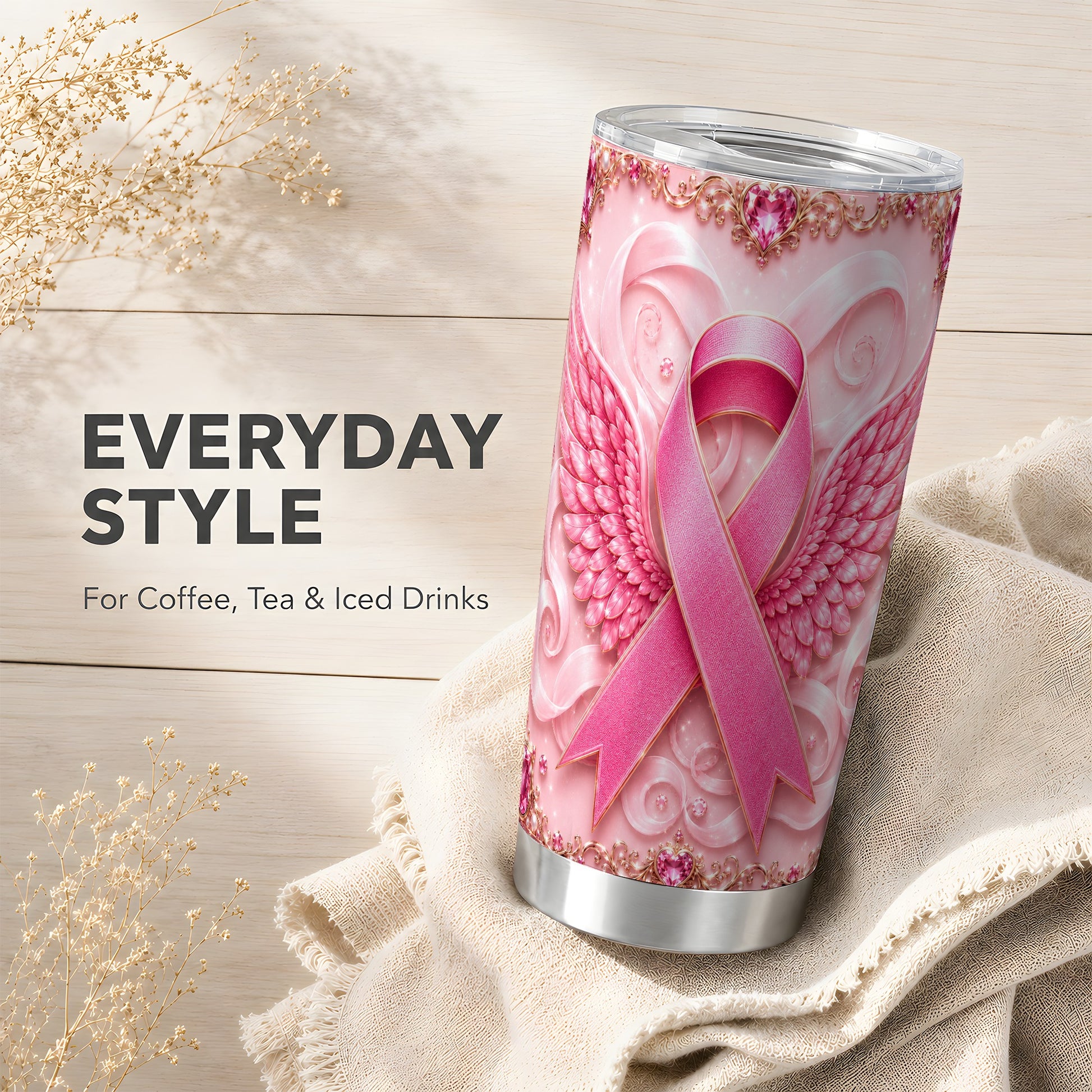 #pl[Steel] Pink Ribbon Tumbler 20oz, Angel Wing Tumbler, Stainless Steel Travel Cup