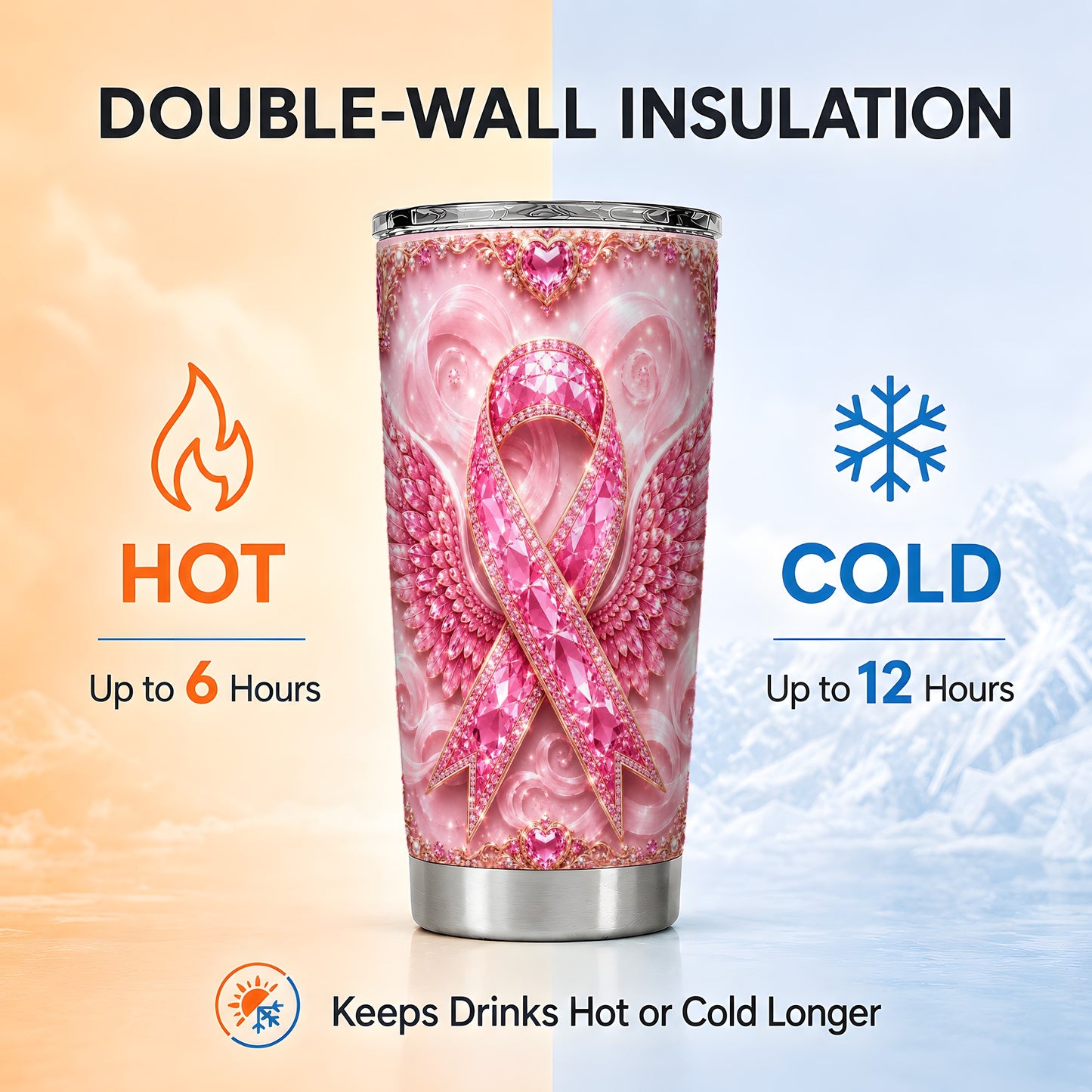 #pl[Steel] Pink Ribbon Tumbler 20oz, Gemstone Tumbler, Stainless Steel Travel Cup