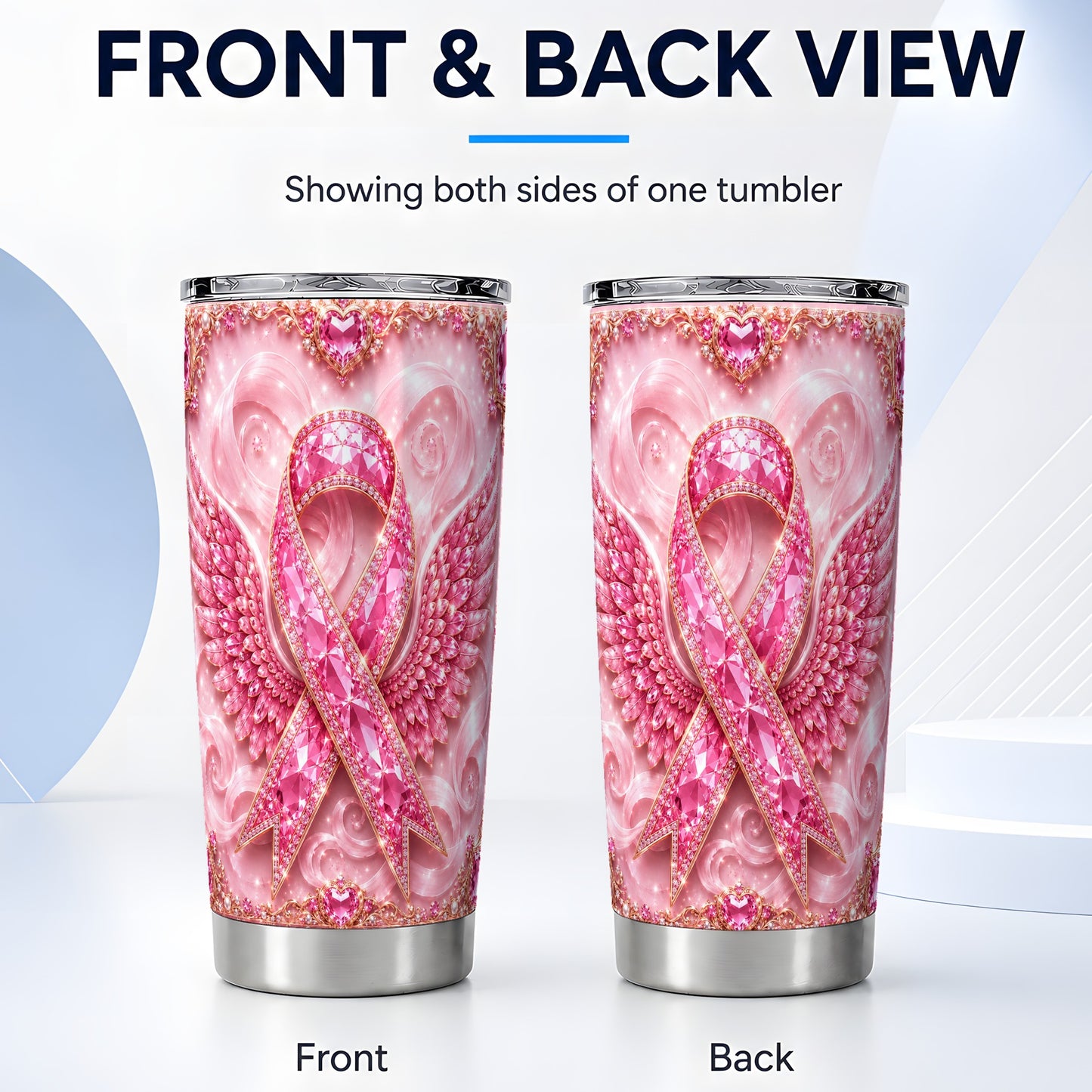 #pl[Steel] Pink Ribbon Tumbler 20oz, Gemstone Tumbler, Stainless Steel Travel Cup