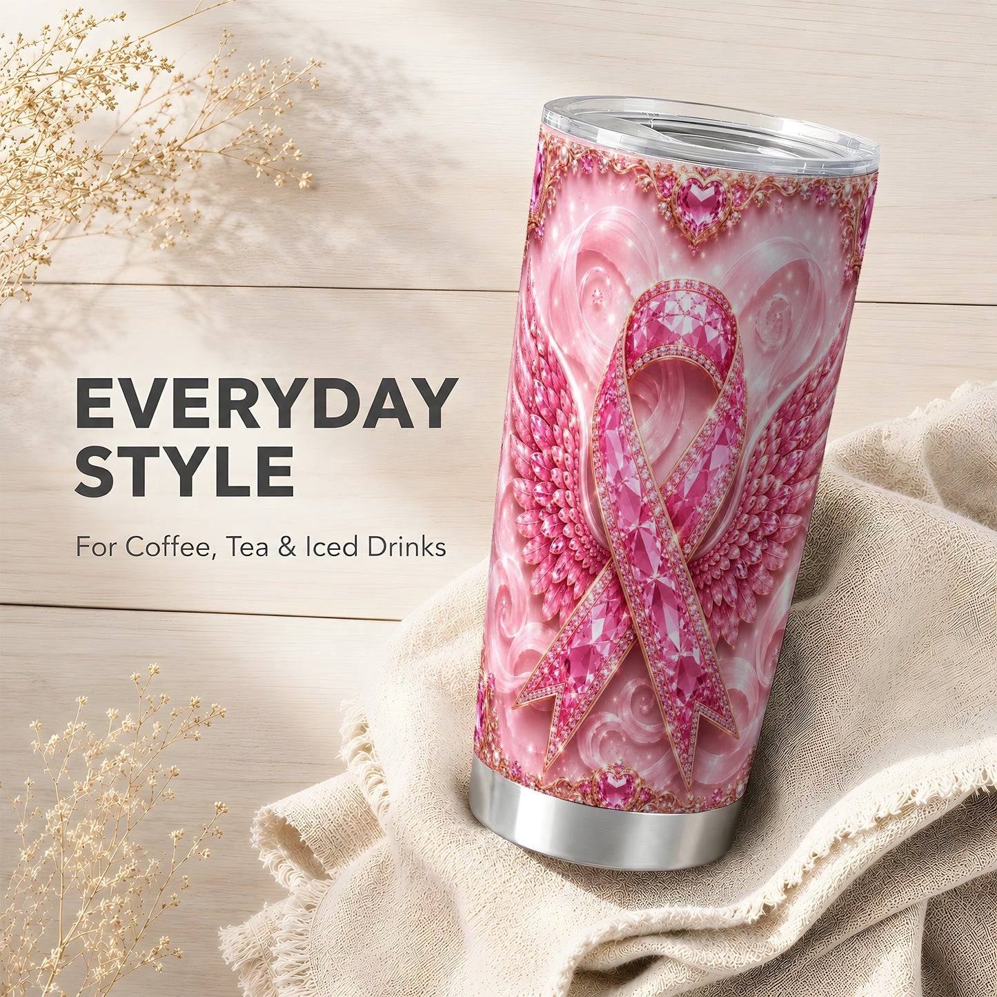 #pl[Steel] Pink Ribbon Tumbler 20oz, Gemstone Tumbler, Stainless Steel Travel Cup