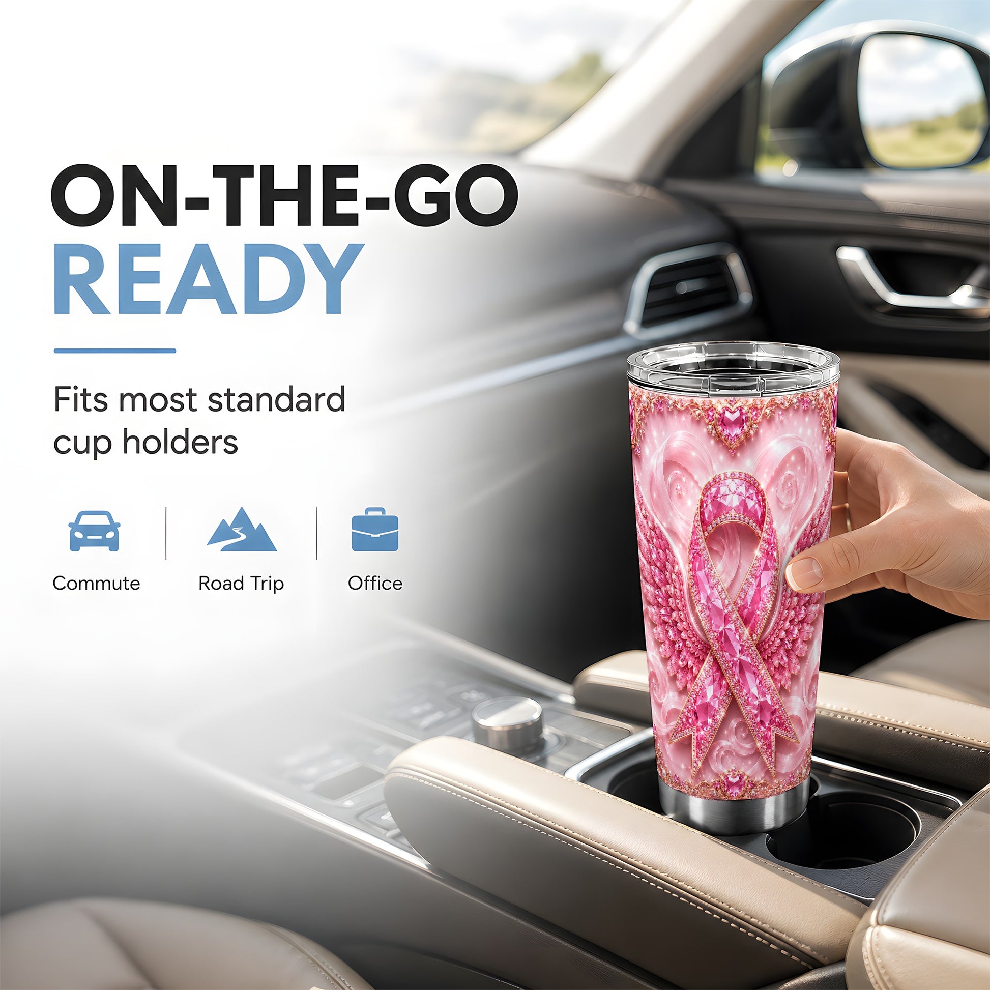 #pl[Steel] Pink Ribbon Tumbler 20oz, Gemstone Tumbler, Stainless Steel Travel Cup
