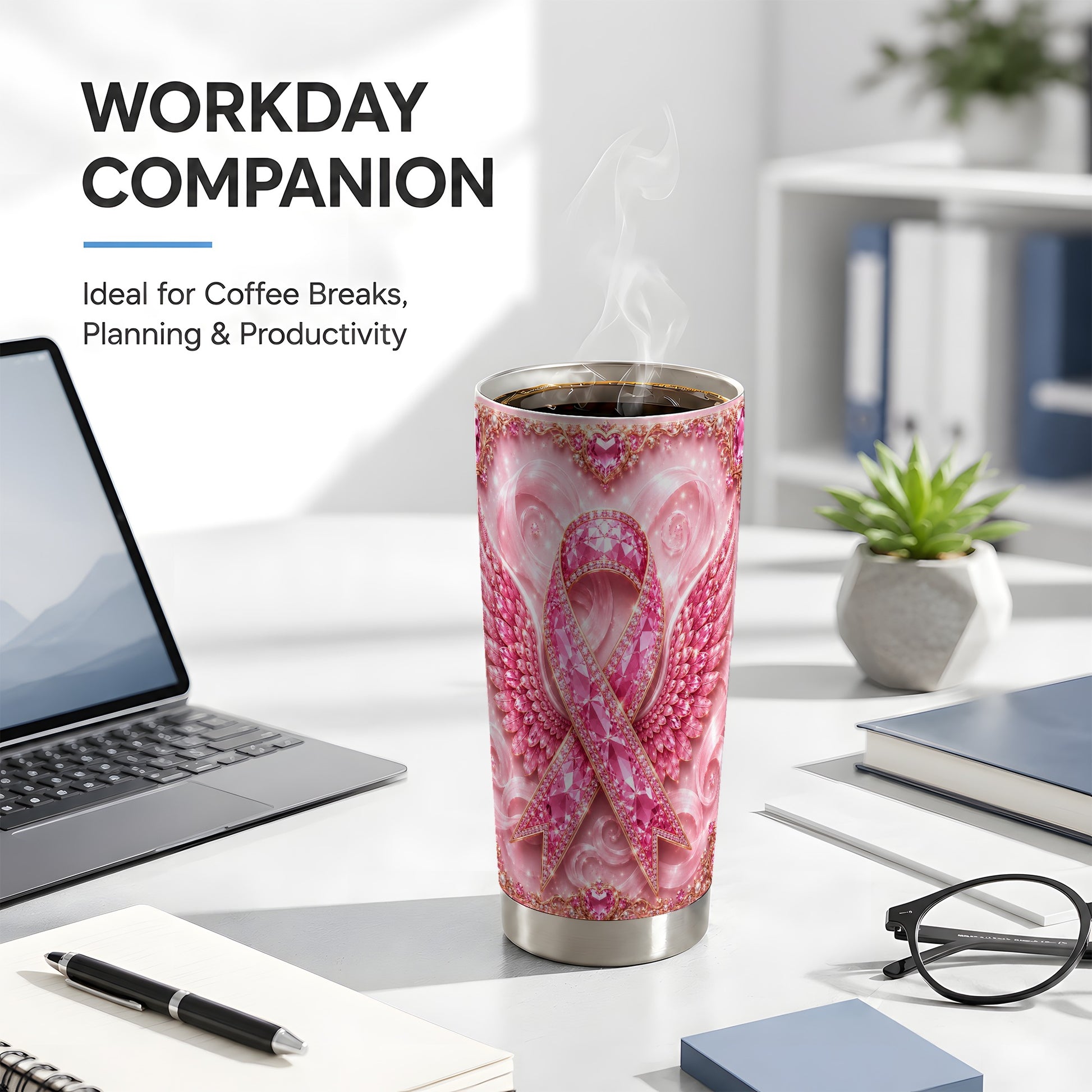 #pl[Steel] Pink Ribbon Tumbler 20oz, Gemstone Tumbler, Stainless Steel Travel Cup