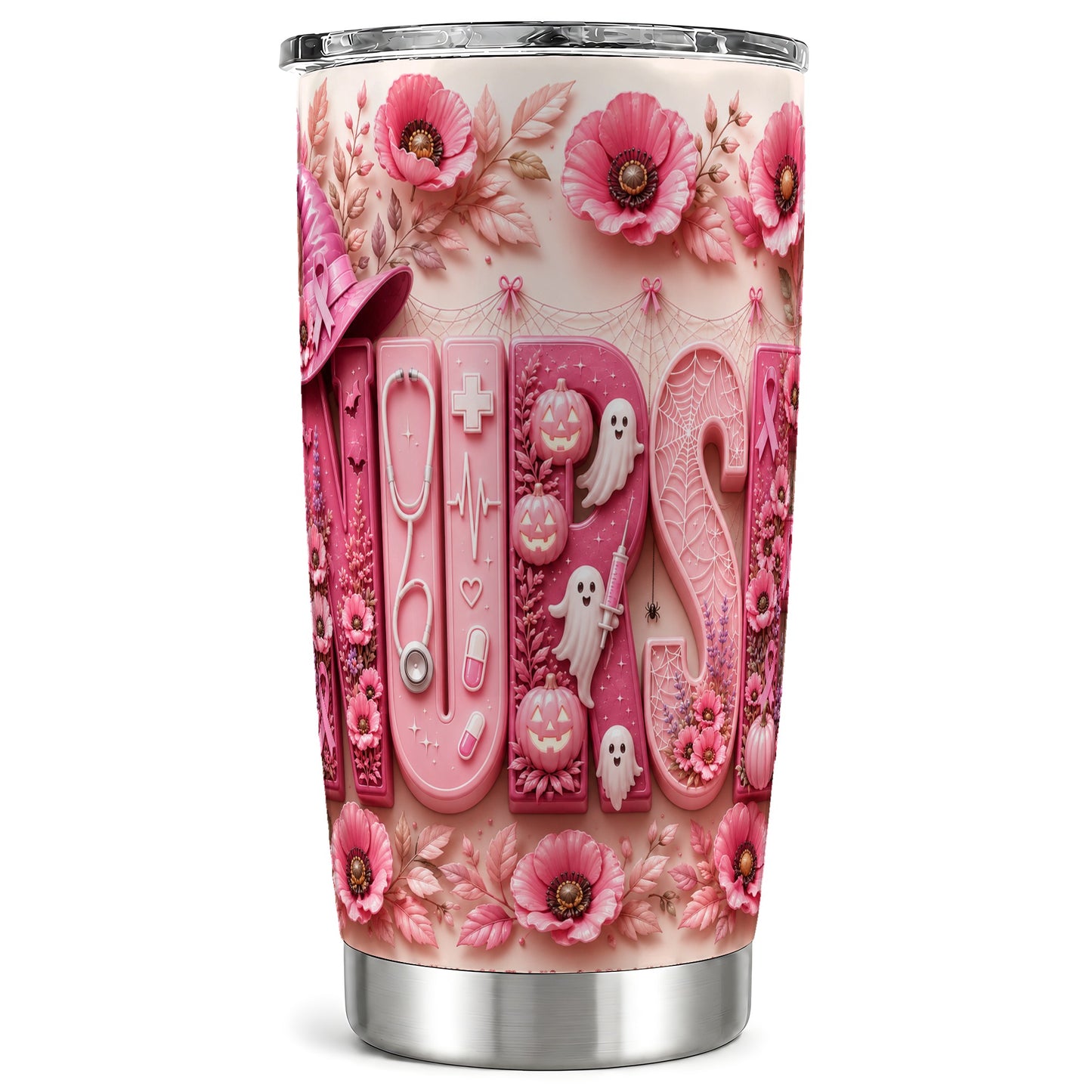 #pl[Steel] Nurse Halloween Tumbler 20oz, Ribbon Tumbler, Stainless Steel Travel Cup